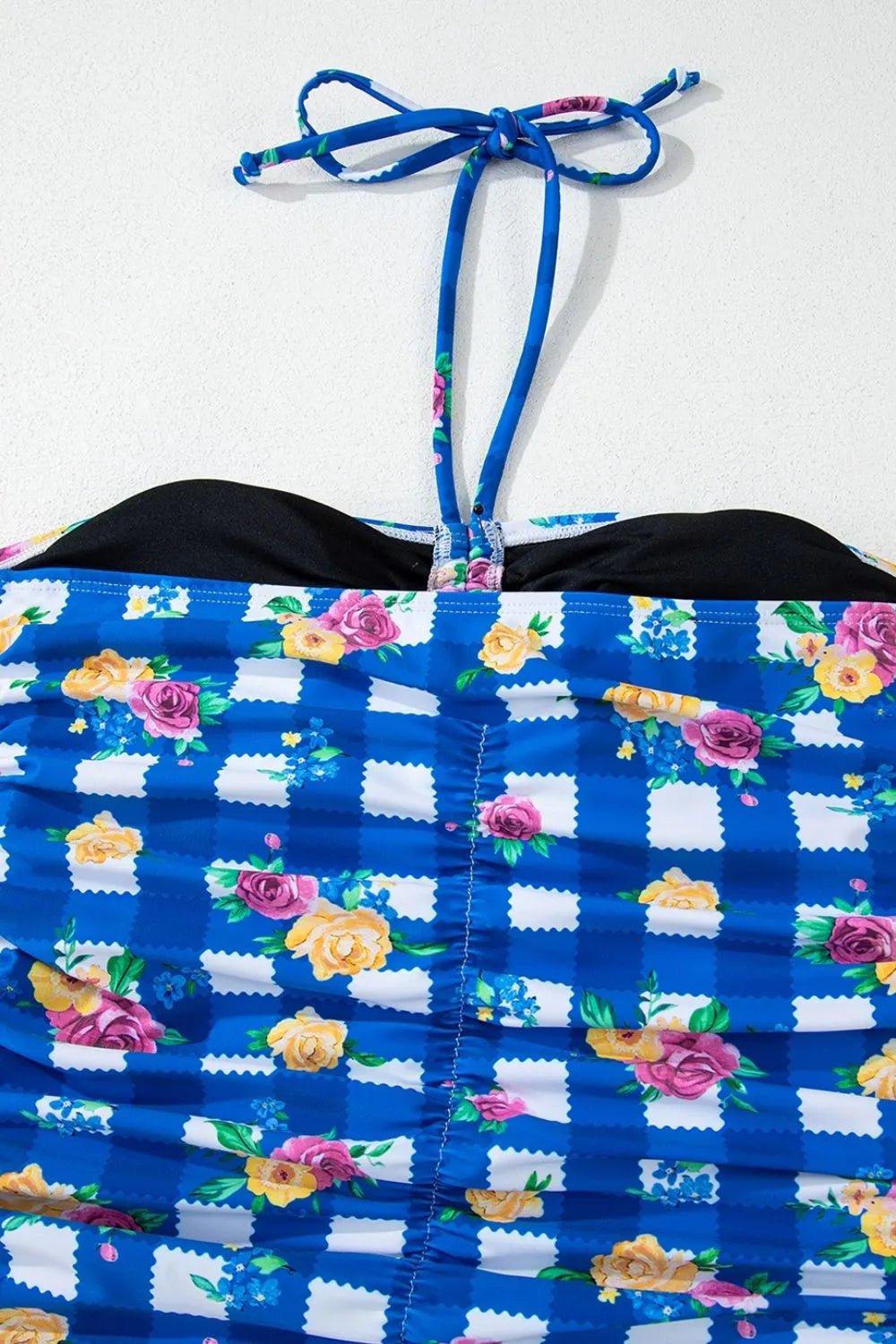 Floral Gingham Halter Neck Drawstring One Piece Swimwear - MAD RUFFI