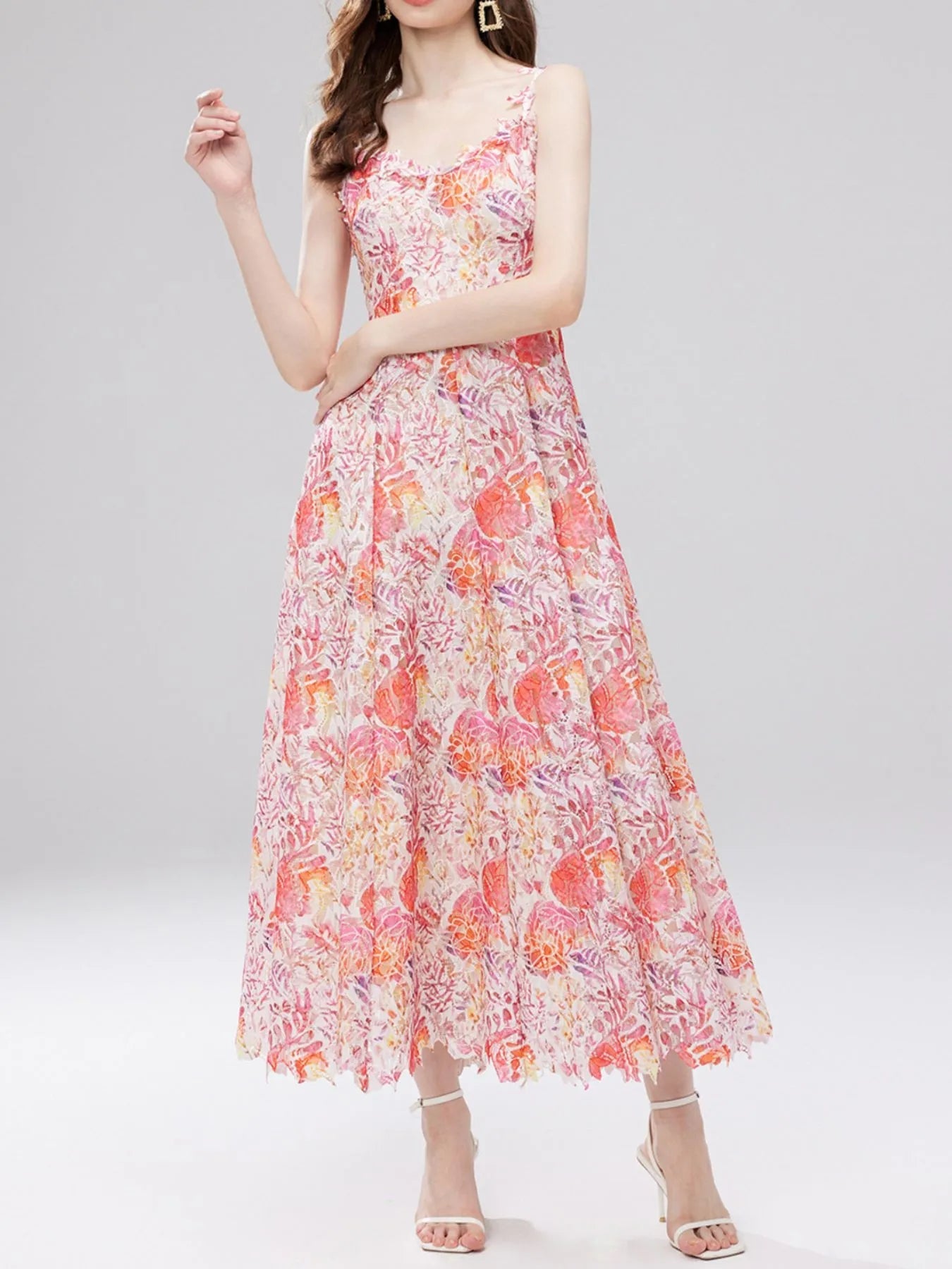 Floral Lace Sleeveless V - Neck Midi Dress - MAD RUFFI