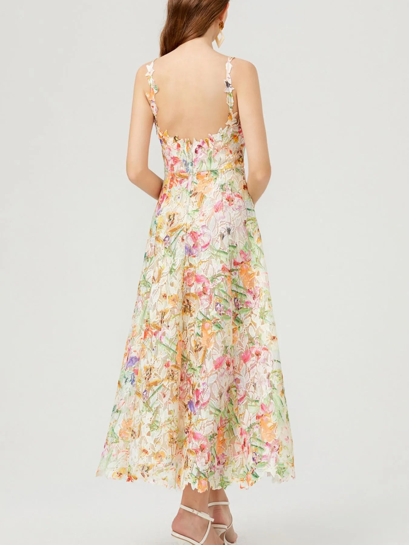 Floral Lace Sleeveless V - Neck Midi Dress - MAD RUFFI