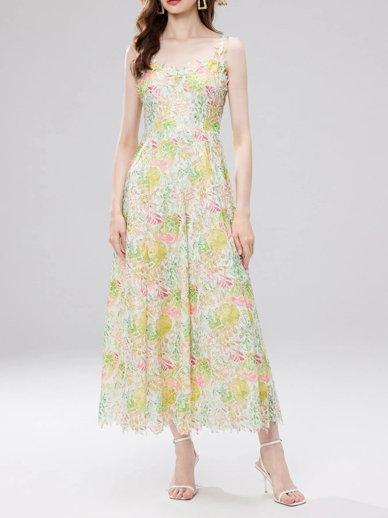 Floral Lace Sleeveless V - Neck Midi Dress - MAD RUFFI