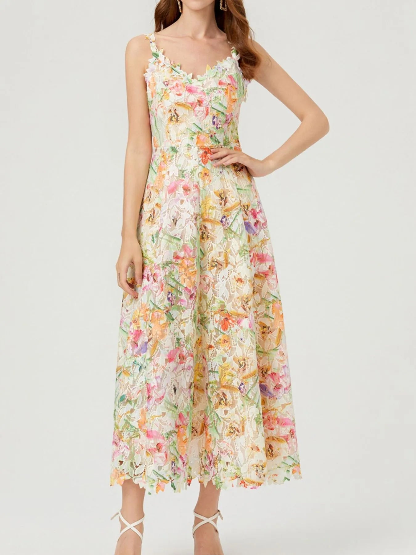 Floral Lace Sleeveless V - Neck Midi Dress - MAD RUFFI