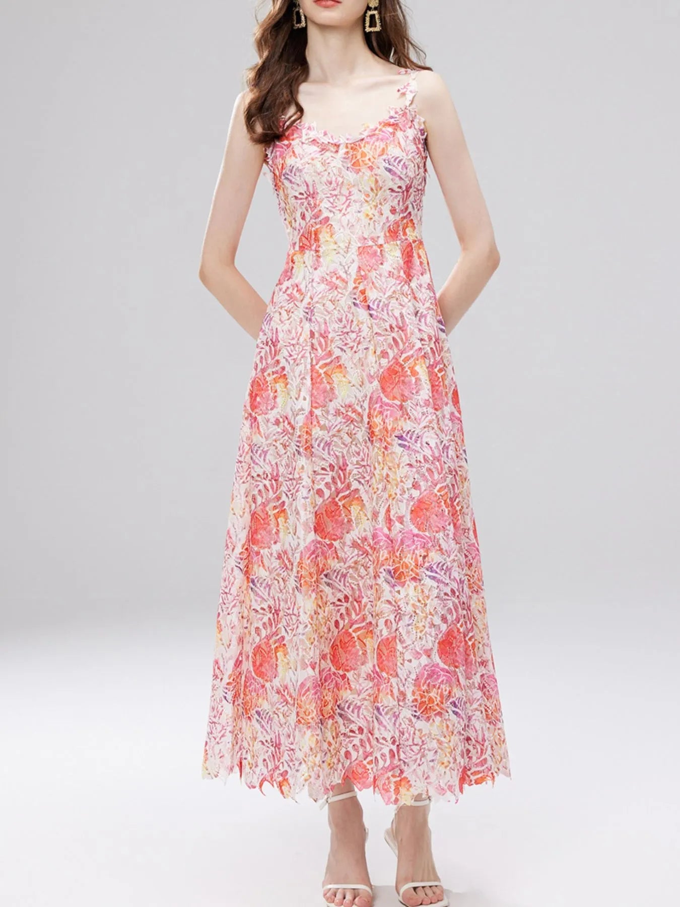 Floral Lace Sleeveless V - Neck Midi Dress - MAD RUFFI