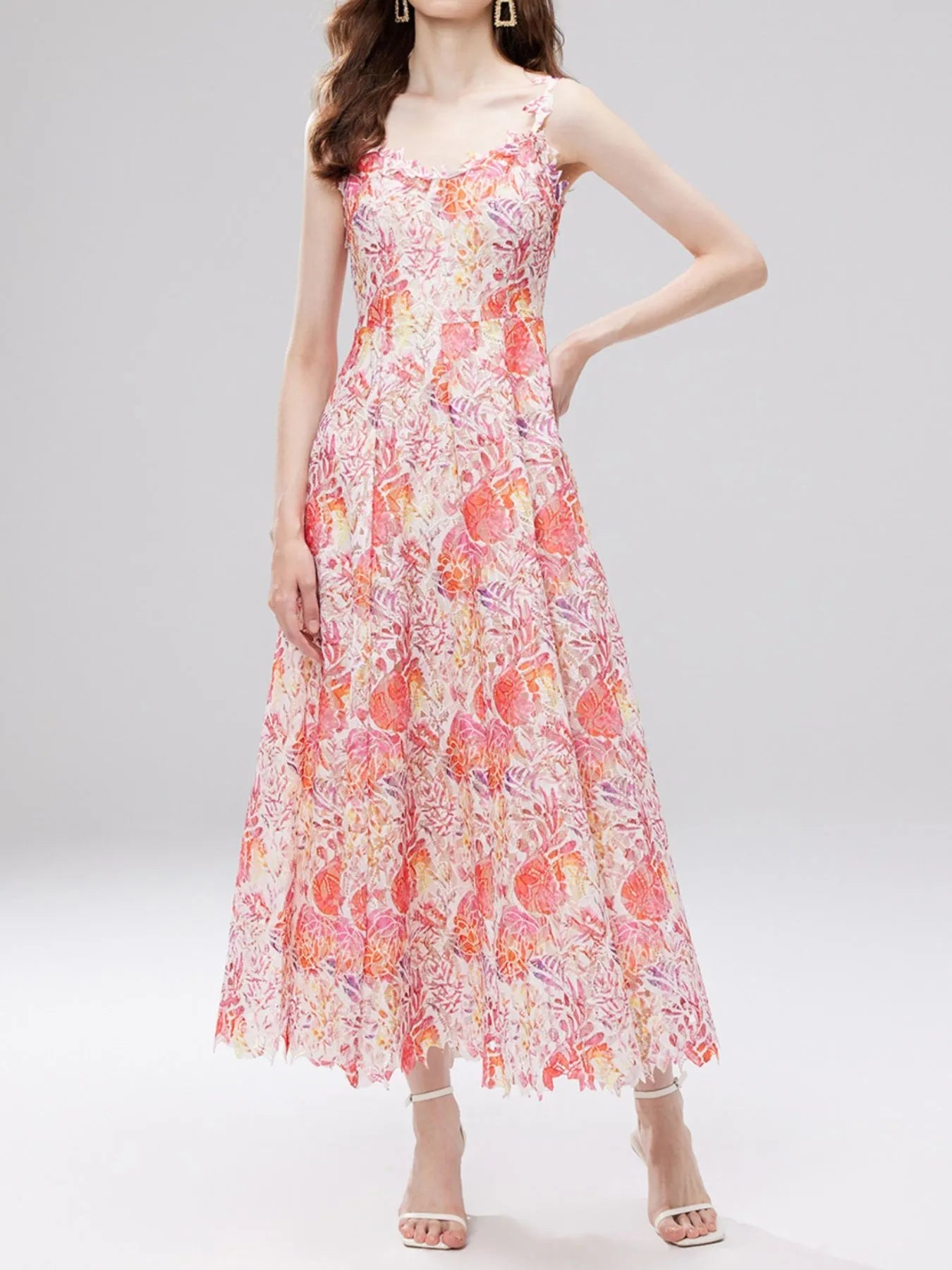 Floral Lace Sleeveless V - Neck Midi Dress - MAD RUFFI