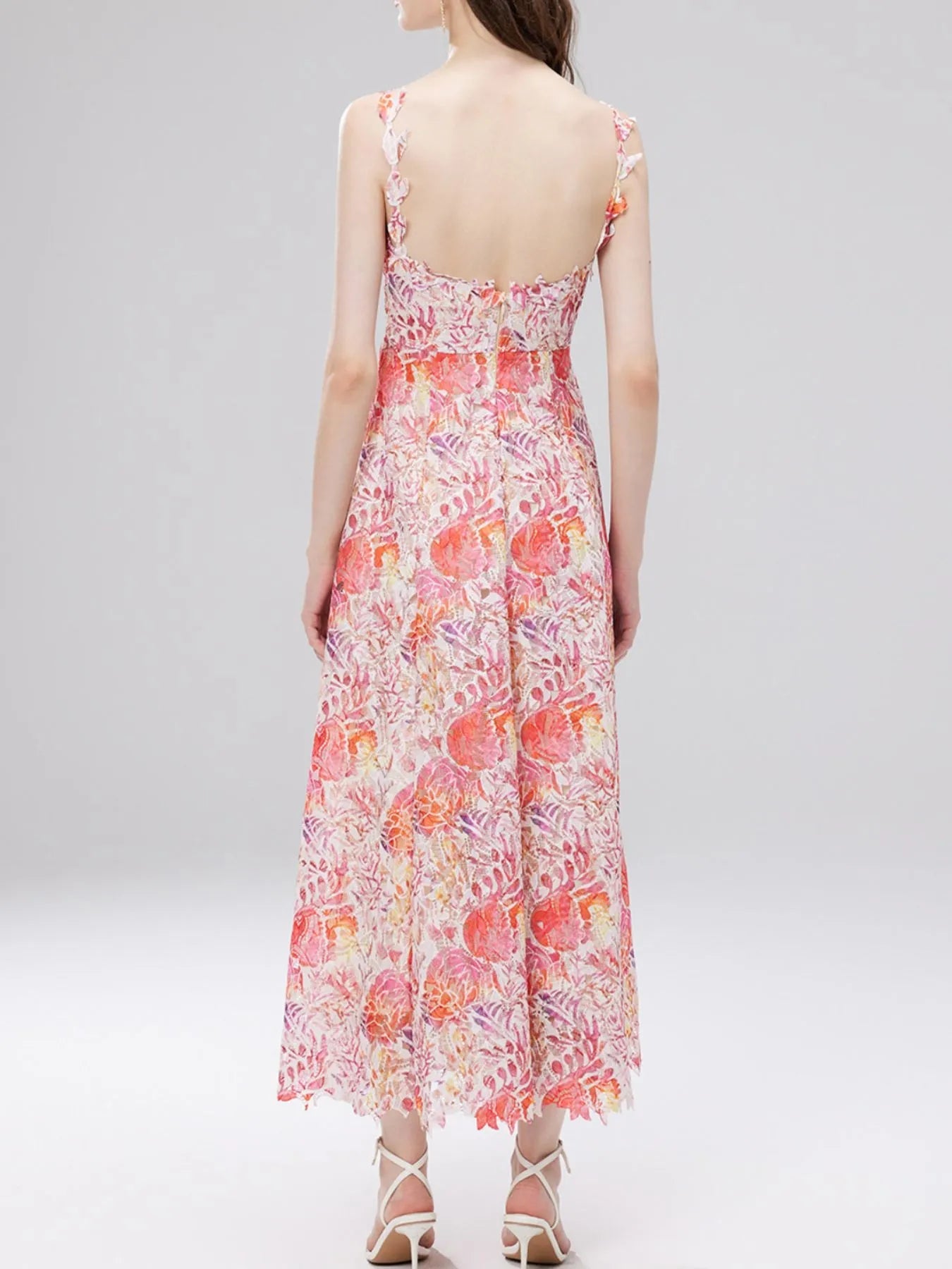 Floral Lace Sleeveless V - Neck Midi Dress - MAD RUFFI