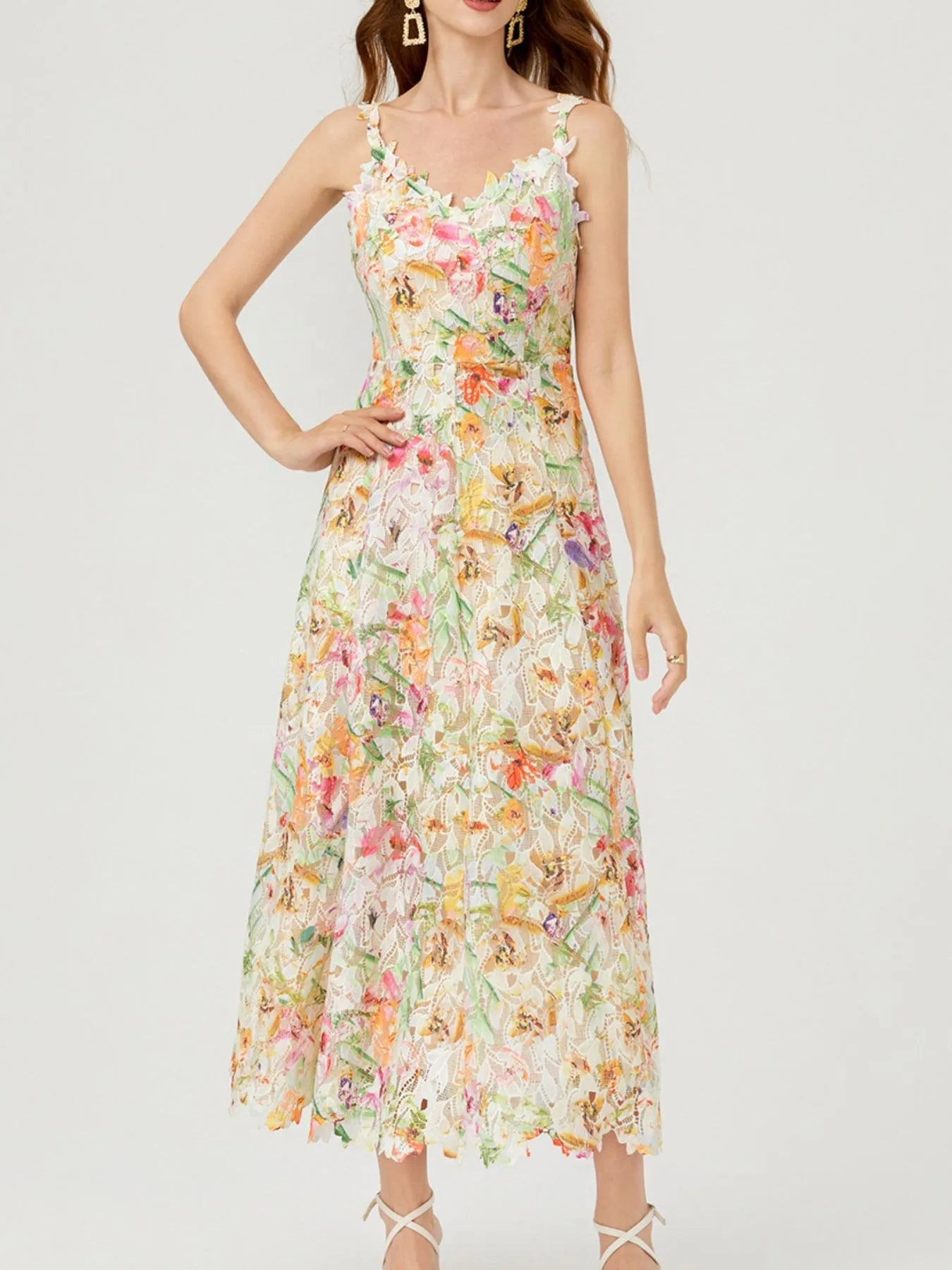Floral Lace Sleeveless V - Neck Midi Dress - MAD RUFFI