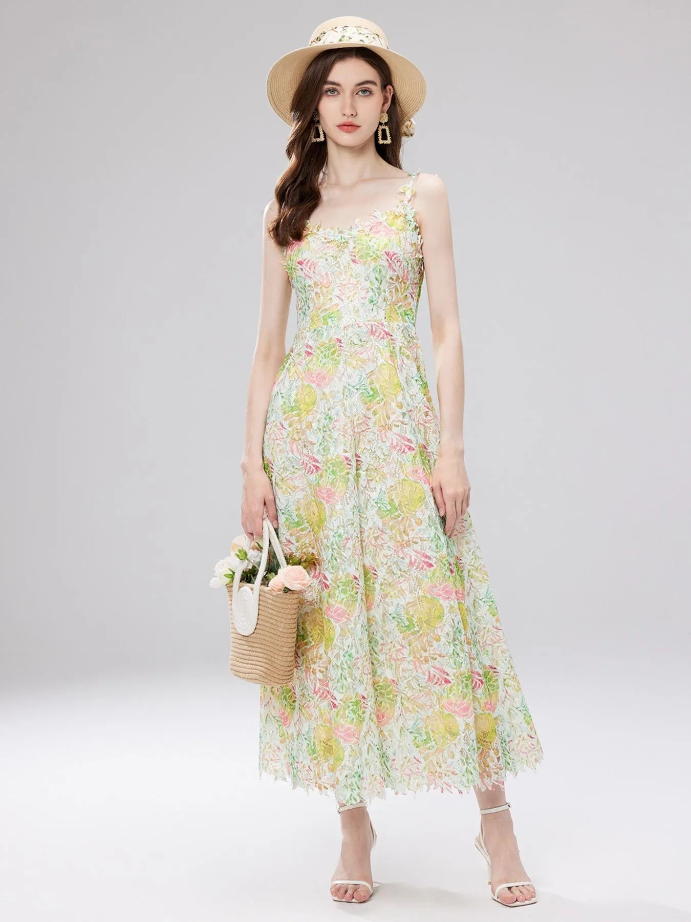 Floral Lace Sleeveless V - Neck Midi Dress - MAD RUFFI