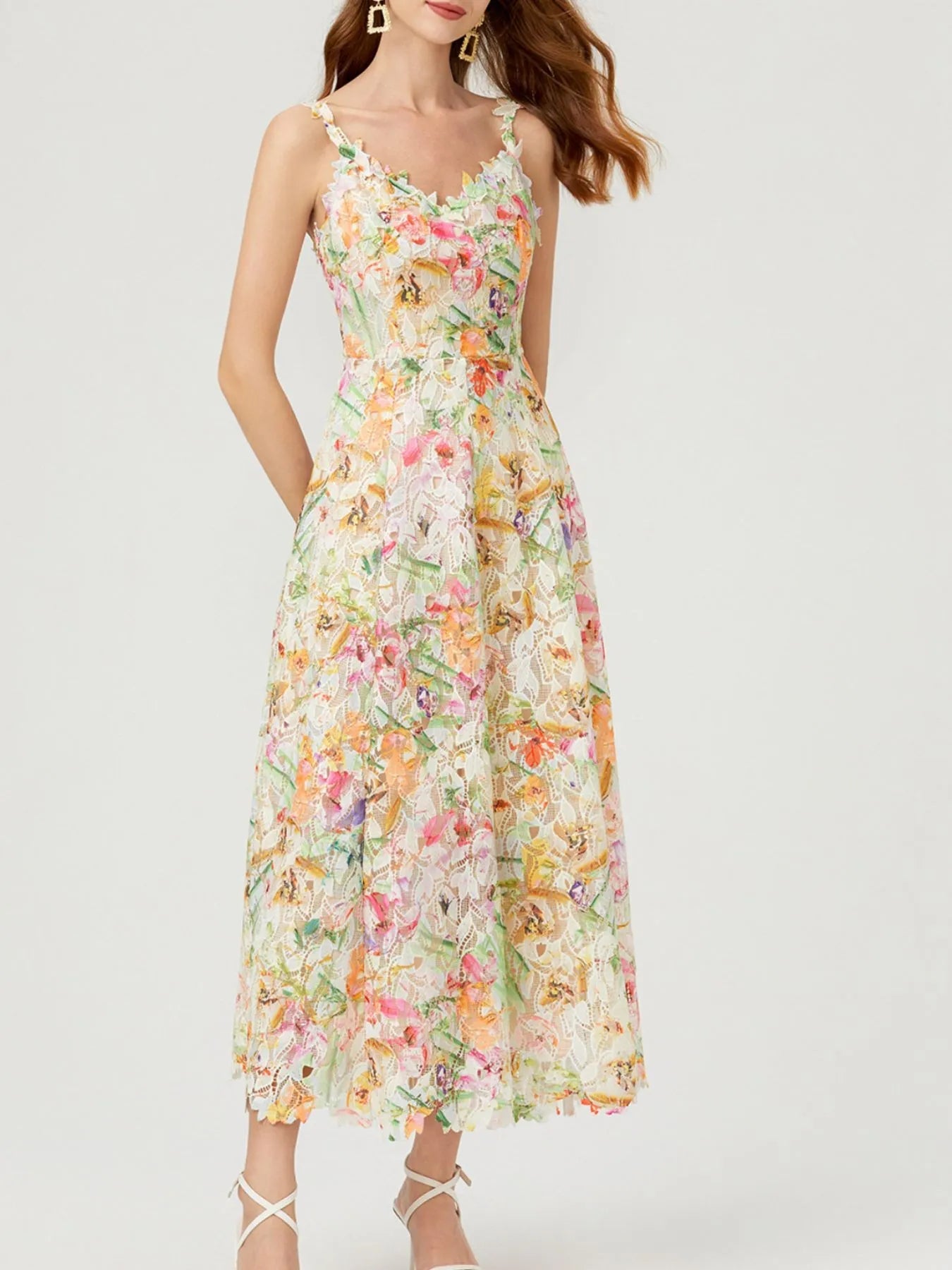 Floral Lace Sleeveless V - Neck Midi Dress - MAD RUFFI