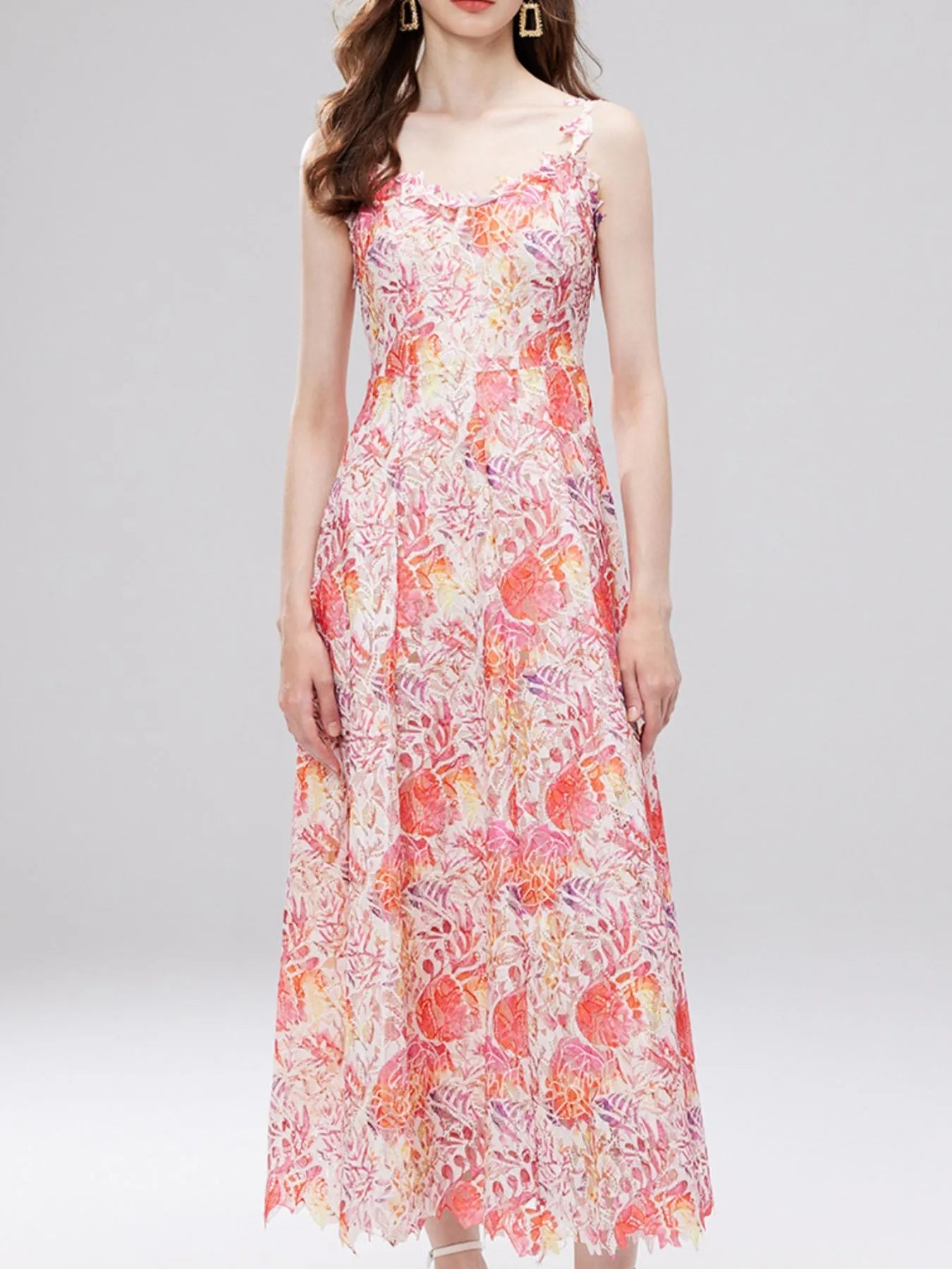 Floral Lace Sleeveless V - Neck Midi Dress - MAD RUFFI