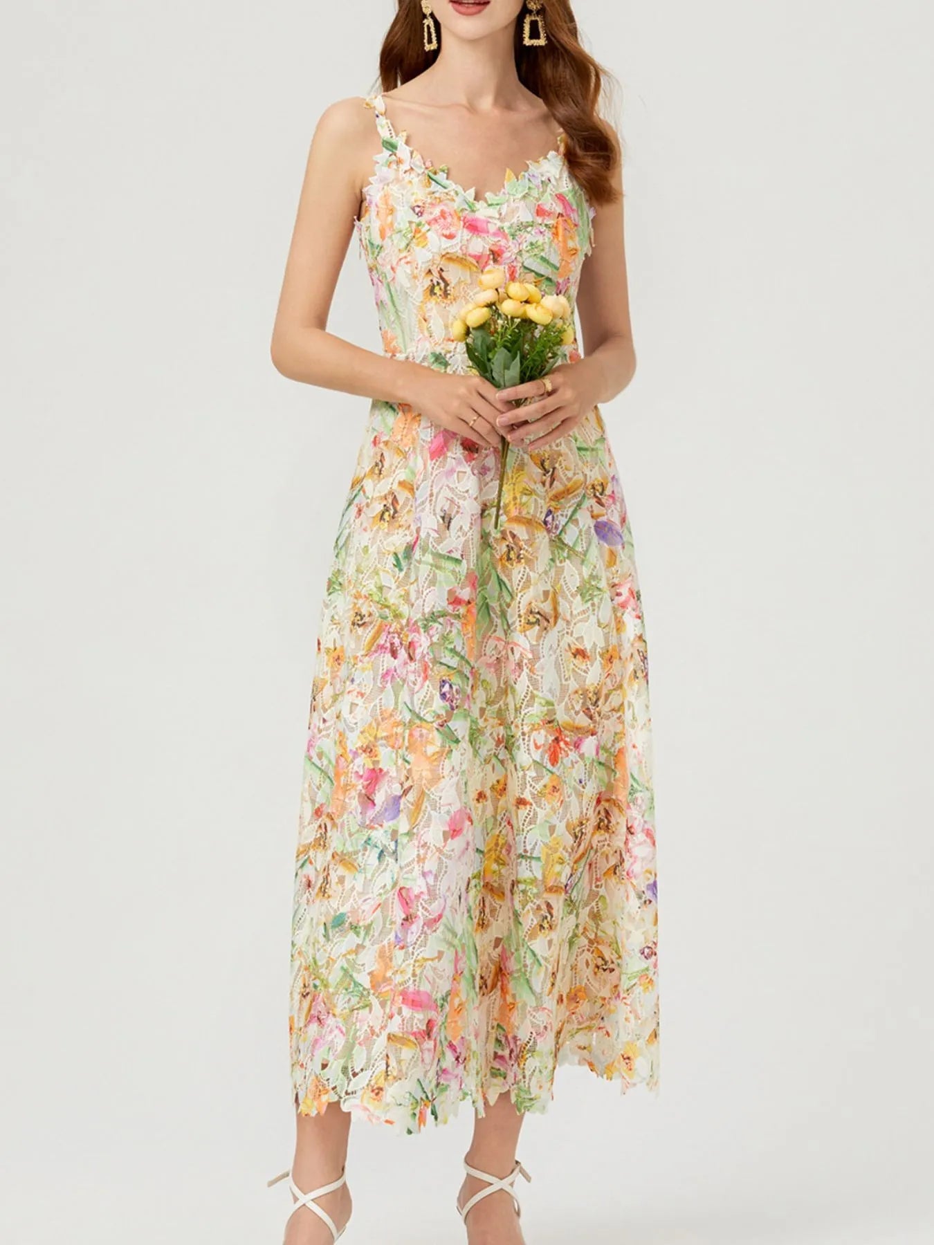 Floral Lace Sleeveless V - Neck Midi Dress - MAD RUFFI