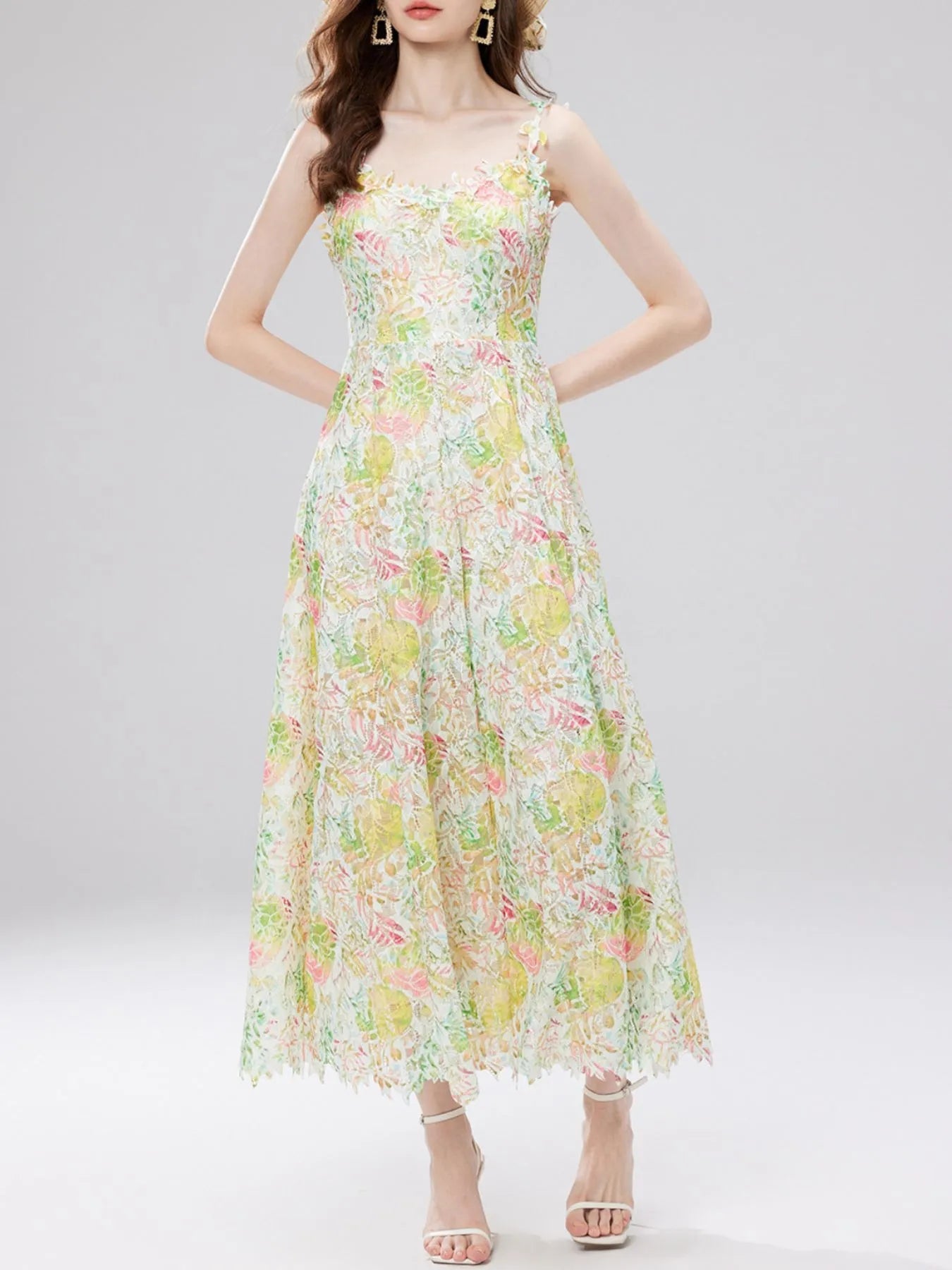 Floral Lace Sleeveless V - Neck Midi Dress - MAD RUFFI