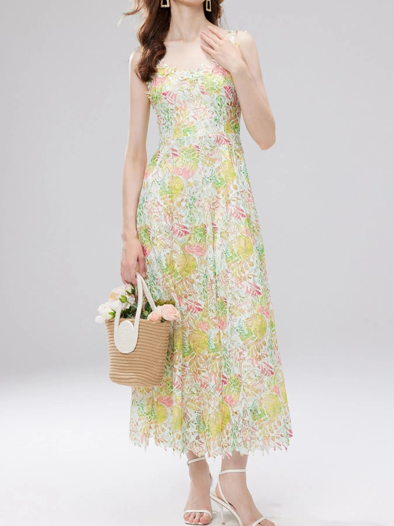 Floral Lace Sleeveless V - Neck Midi Dress - MAD RUFFI