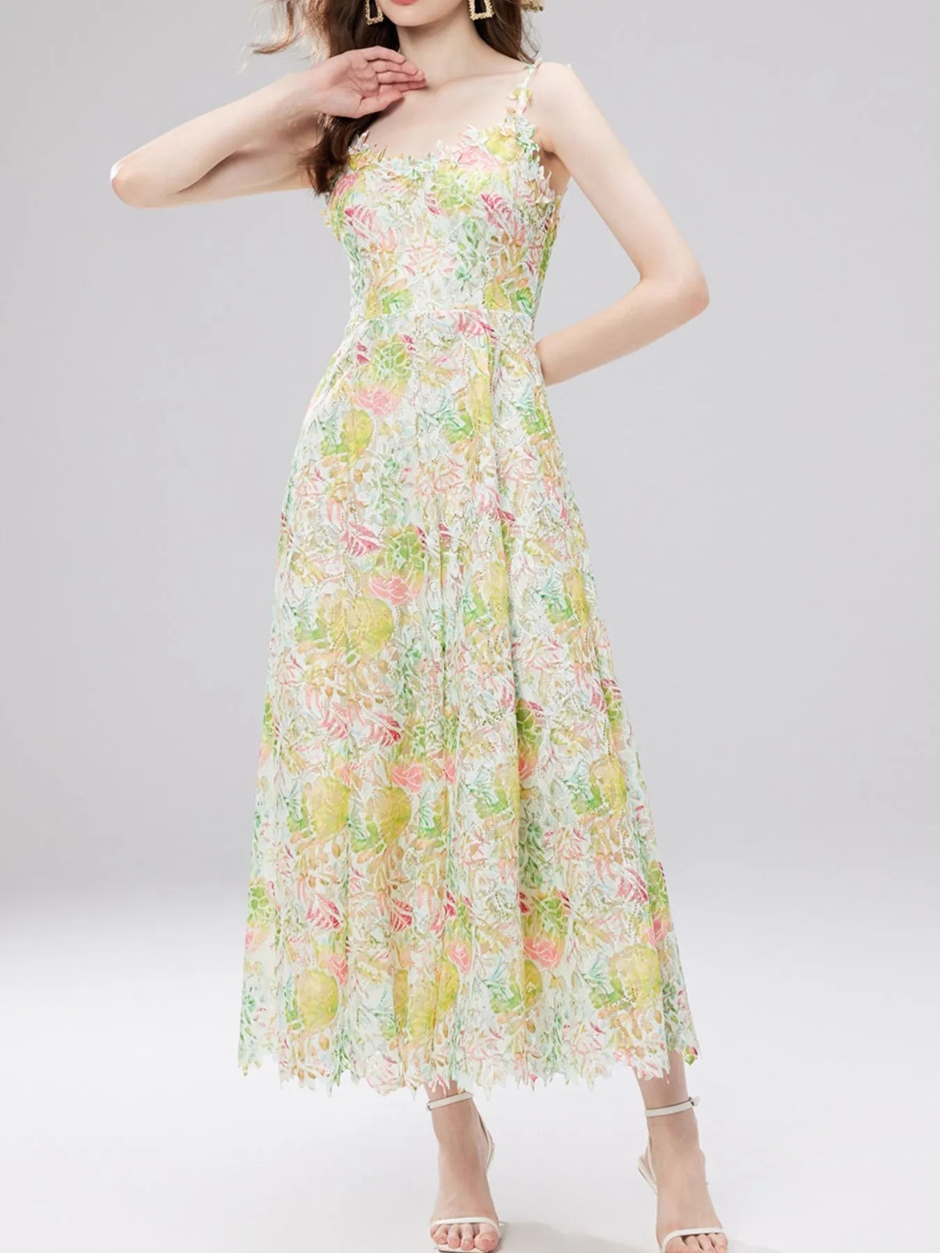 Floral Lace Sleeveless V - Neck Midi Dress - MAD RUFFI