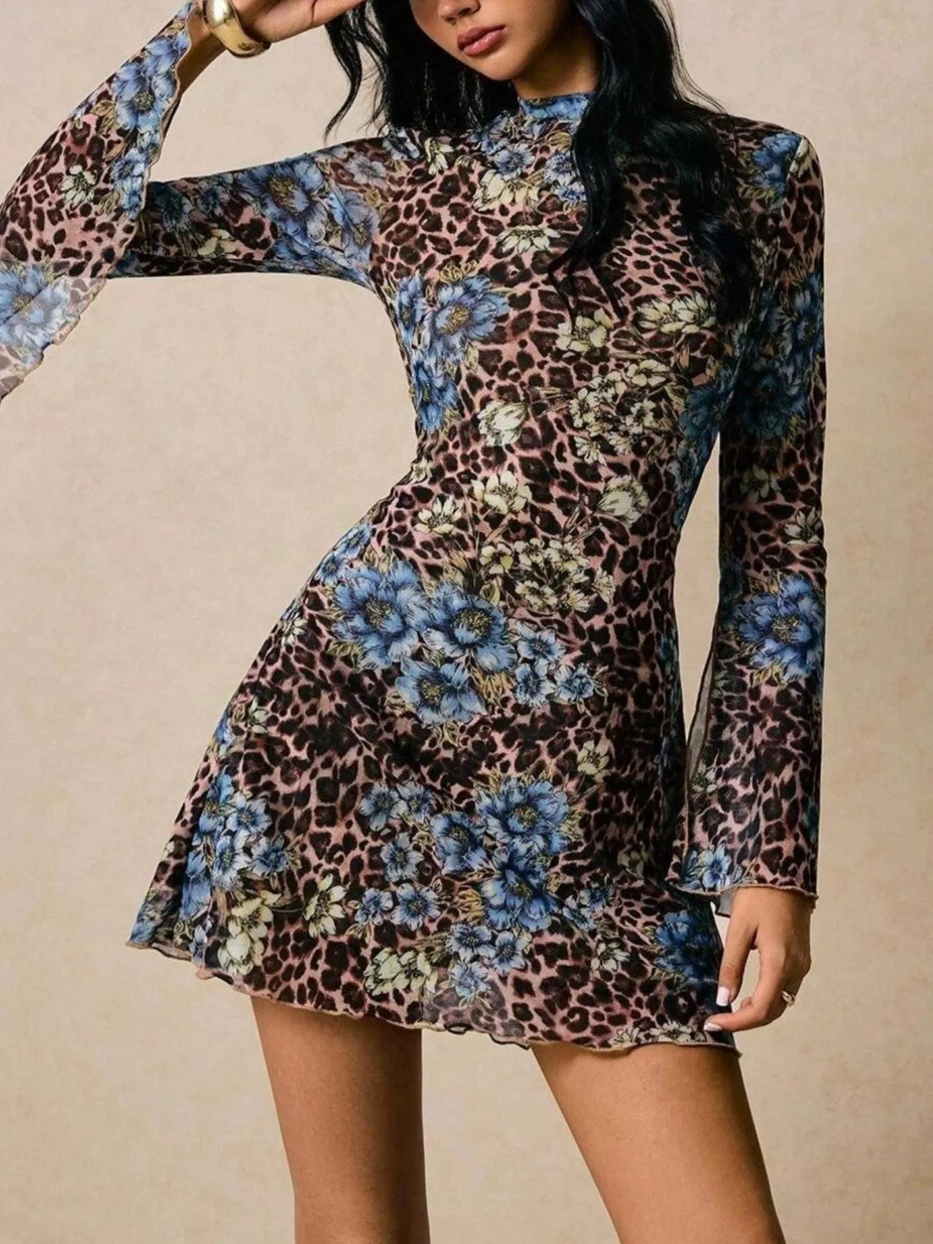 Floral Leopard Print Slit Sleeve Mini Dress - MAD RUFFI