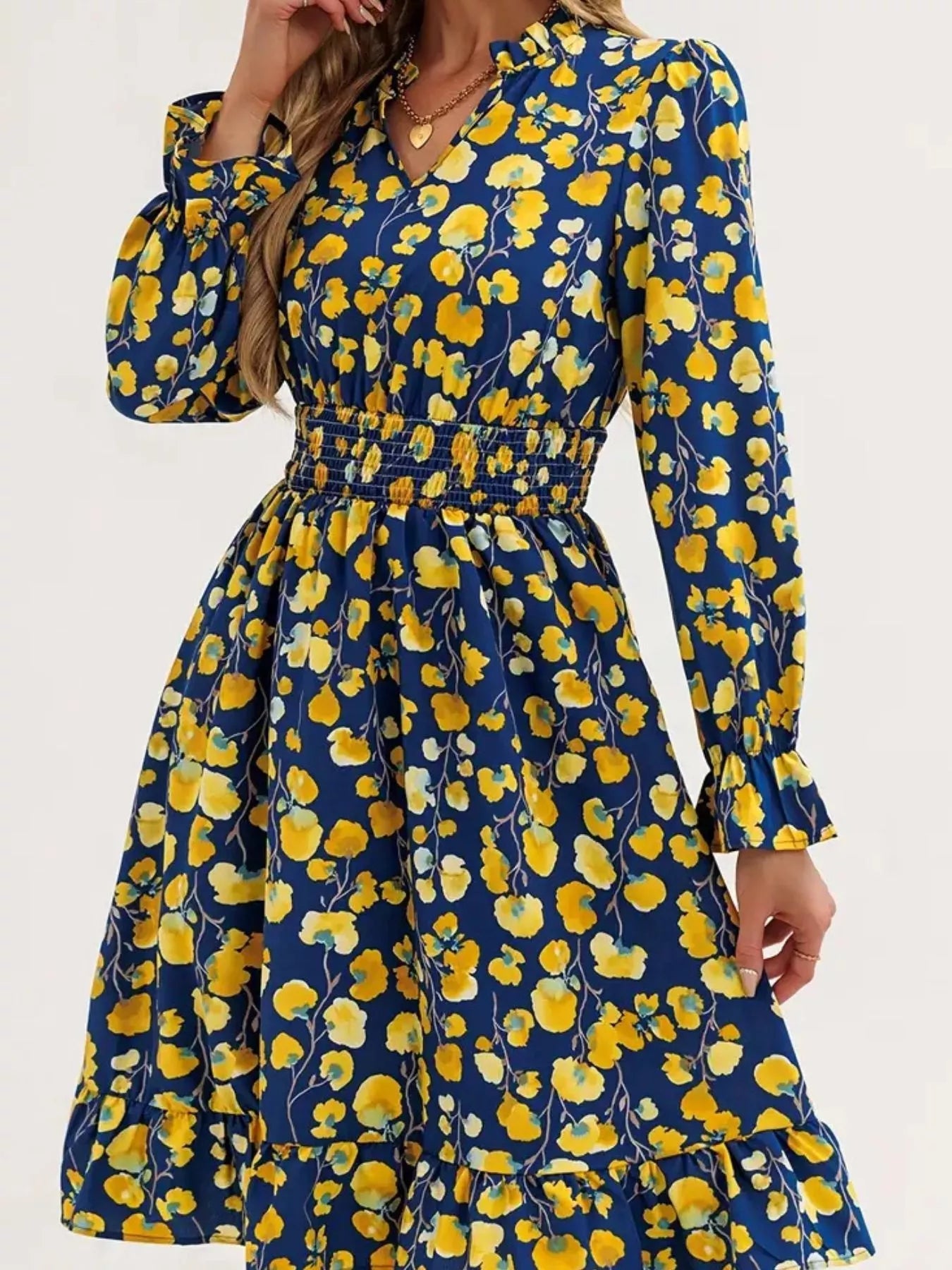 Floral Notched Flounce Sleeve Dress - MAD RUFFI