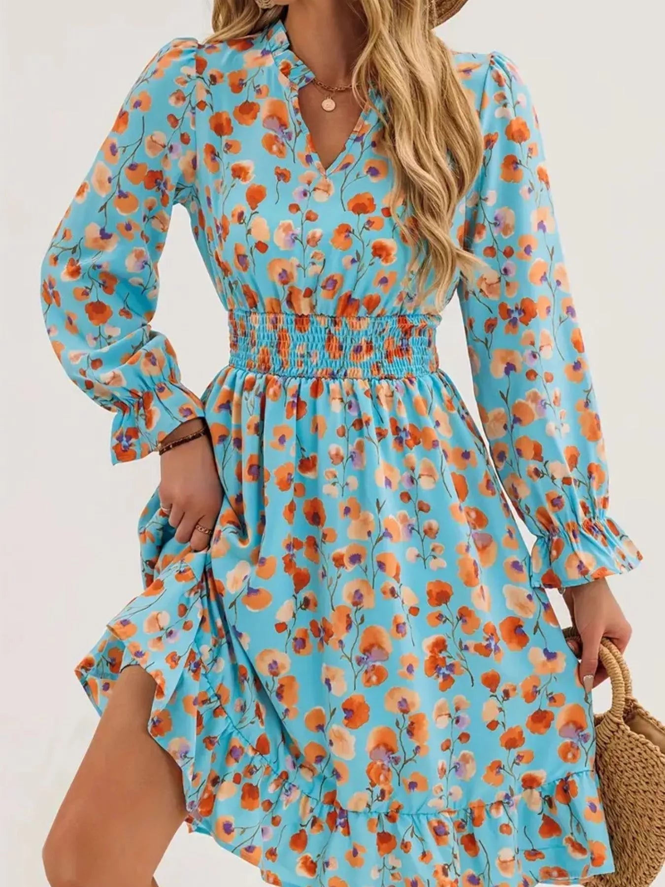 Floral Notched Flounce Sleeve Dress - MAD RUFFI