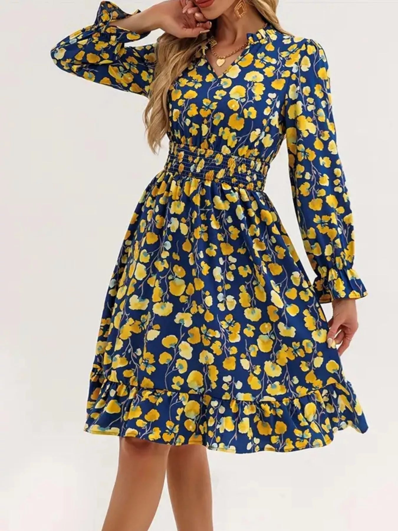 Floral Notched Flounce Sleeve Dress - MAD RUFFI