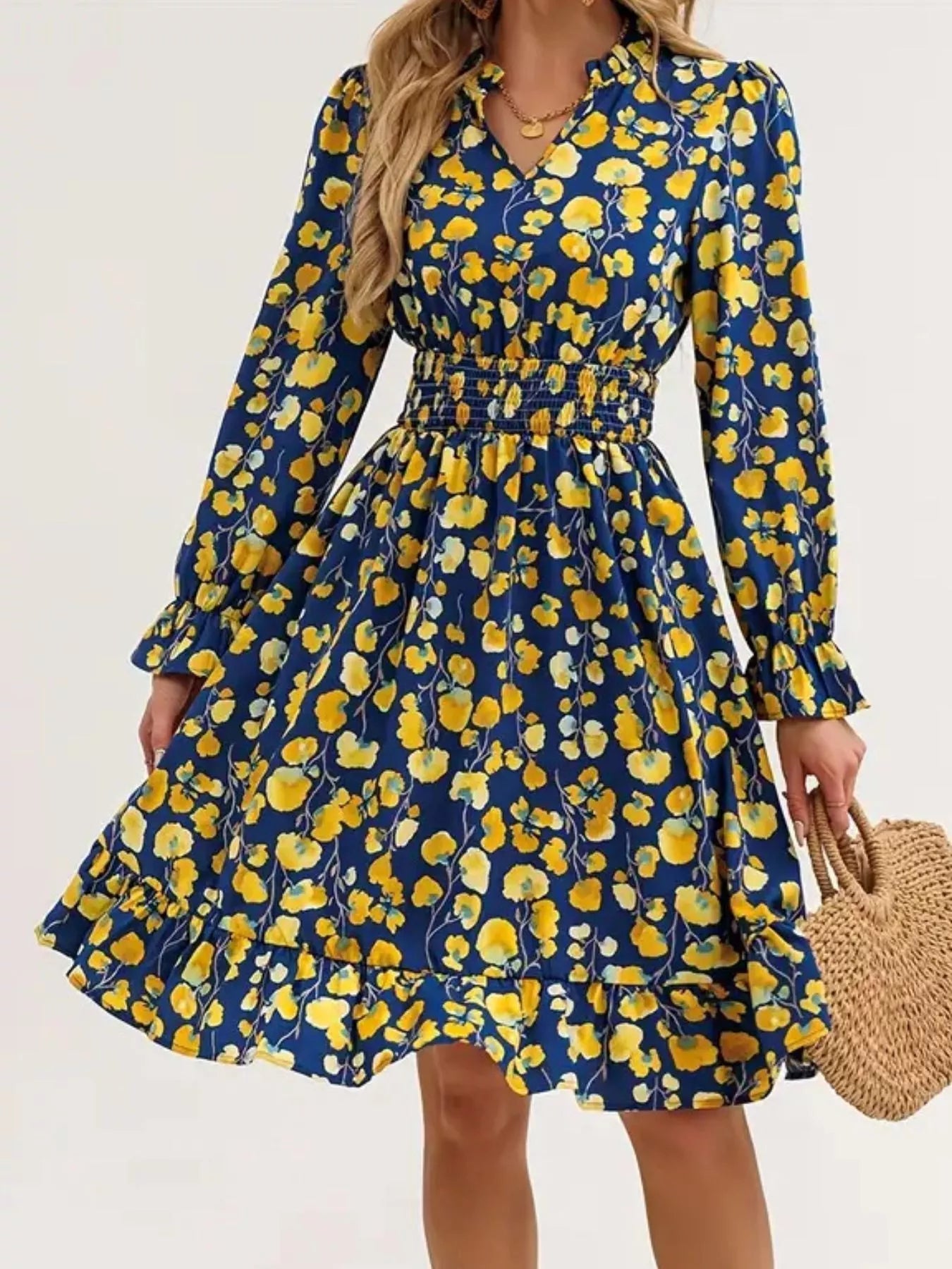 Floral Notched Flounce Sleeve Dress - MAD RUFFI