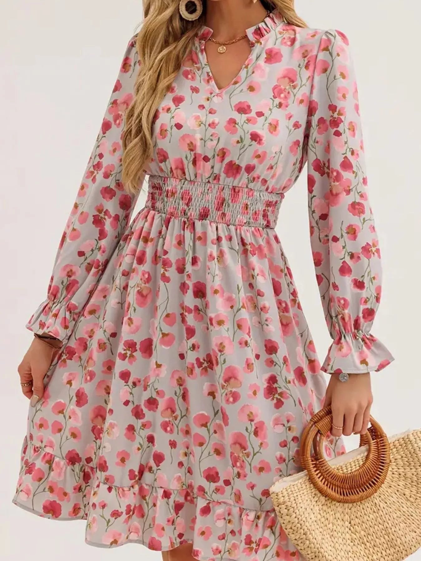 Floral Notched Flounce Sleeve Dress - MAD RUFFI