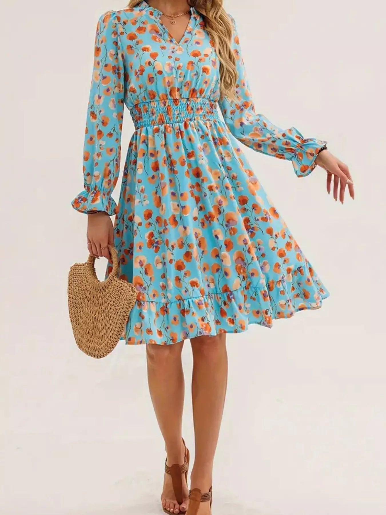 Floral Notched Flounce Sleeve Dress - MAD RUFFI