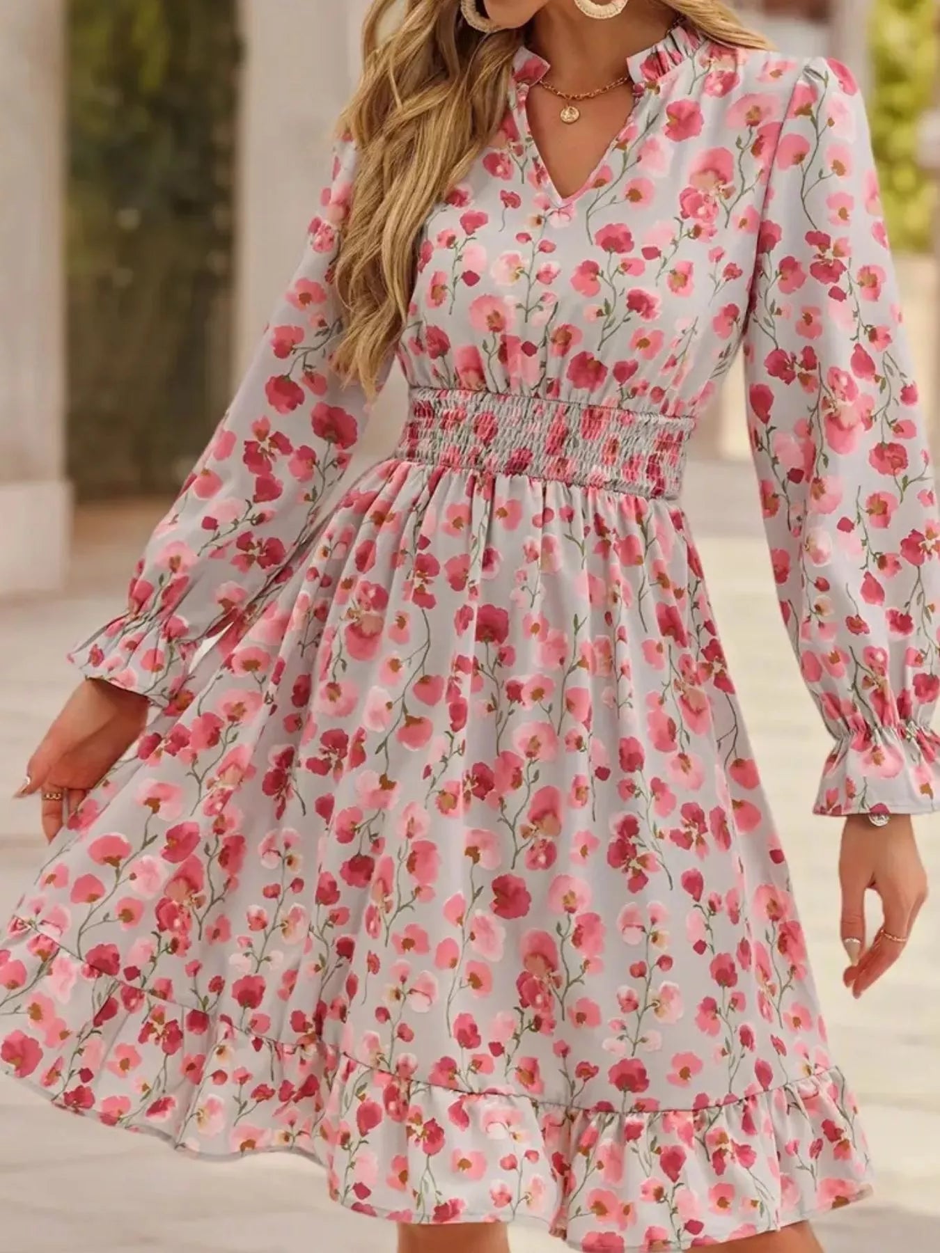 Floral Notched Flounce Sleeve Dress - MAD RUFFI