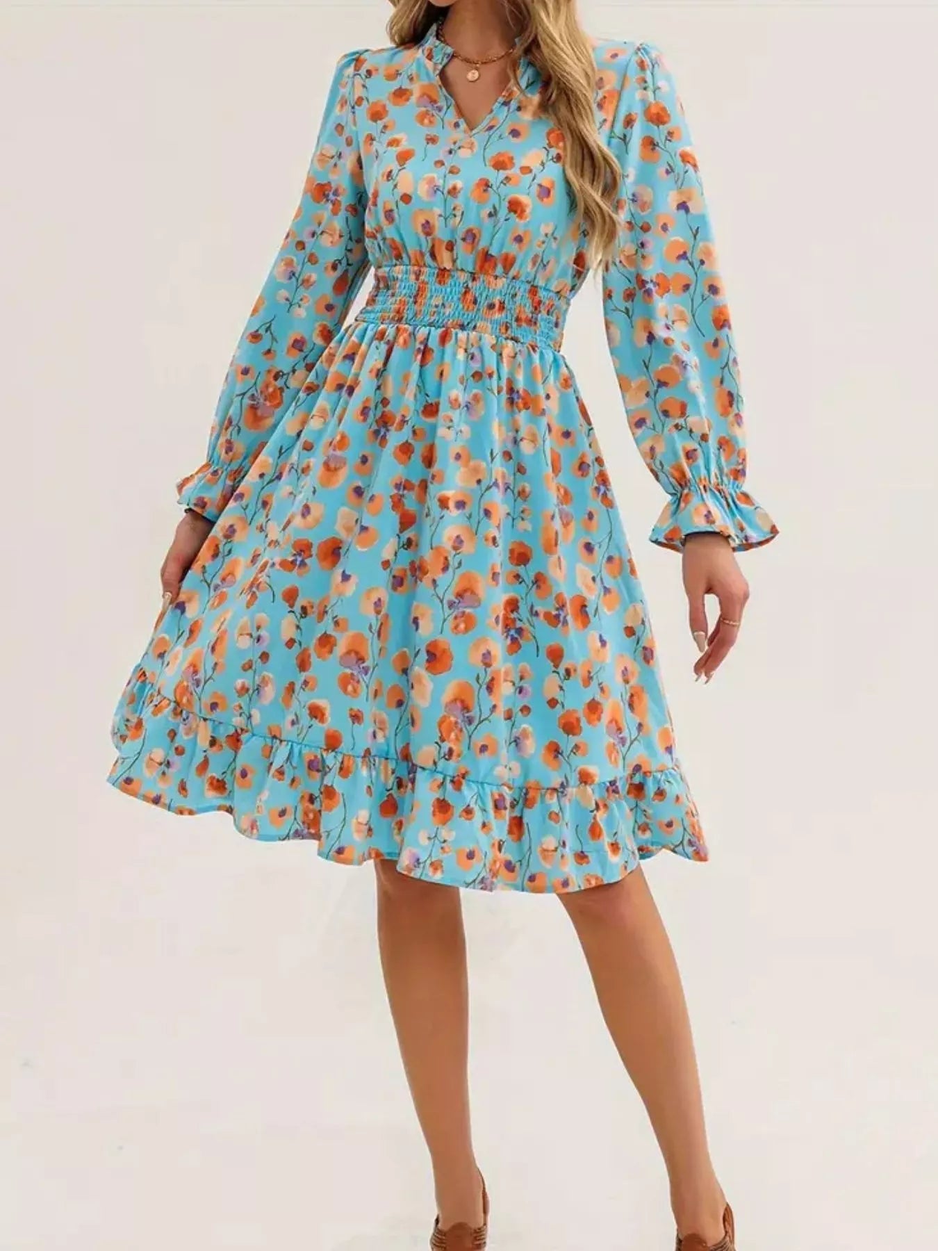 Floral Notched Flounce Sleeve Dress - MAD RUFFI