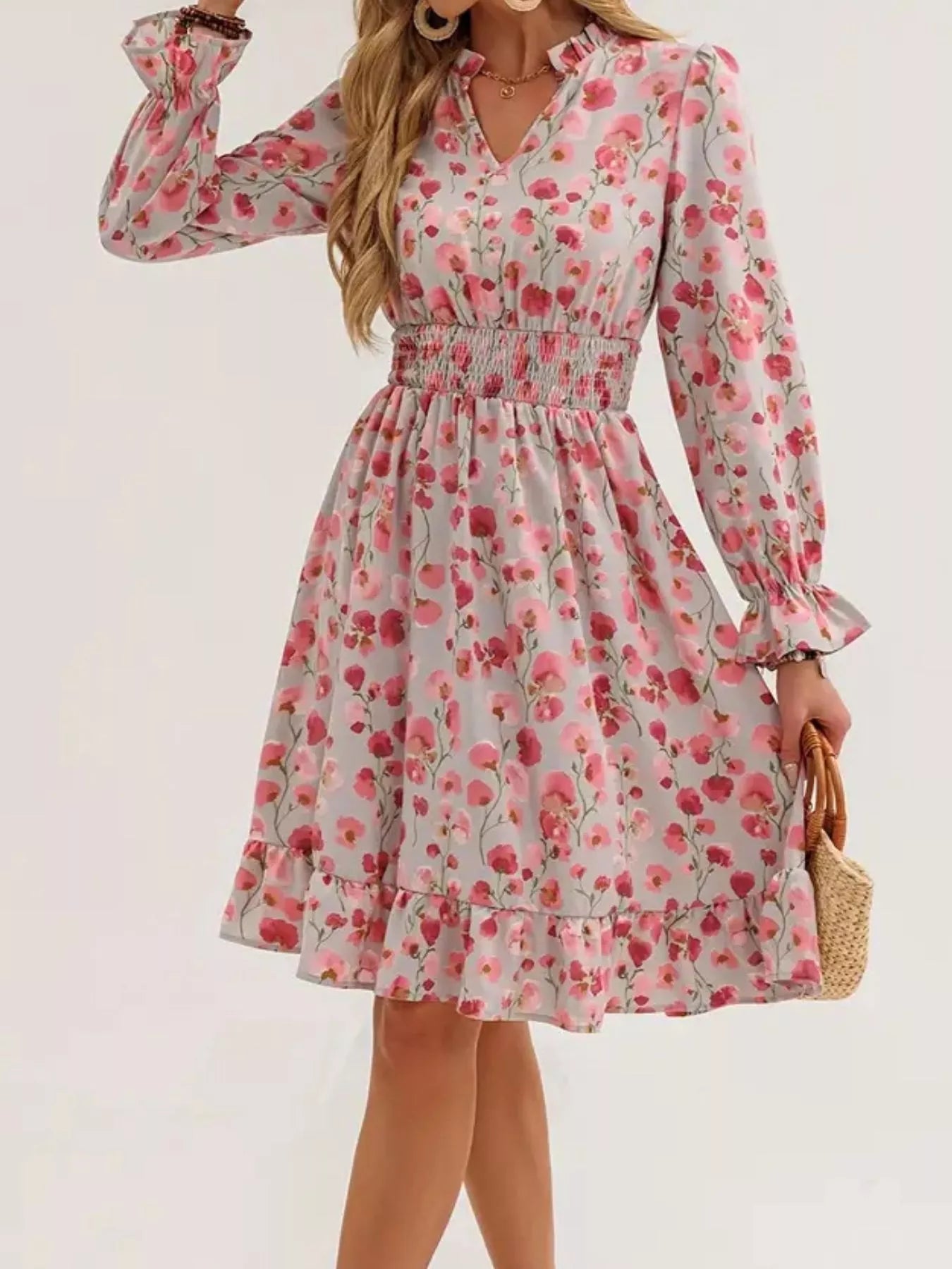 Floral Notched Flounce Sleeve Dress - MAD RUFFI