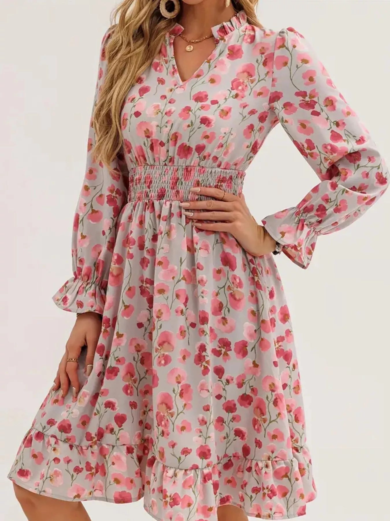 Floral Notched Flounce Sleeve Dress - MAD RUFFI
