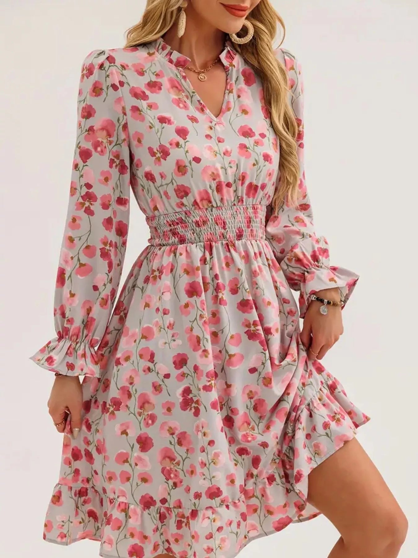 Floral Notched Flounce Sleeve Dress - MAD RUFFI