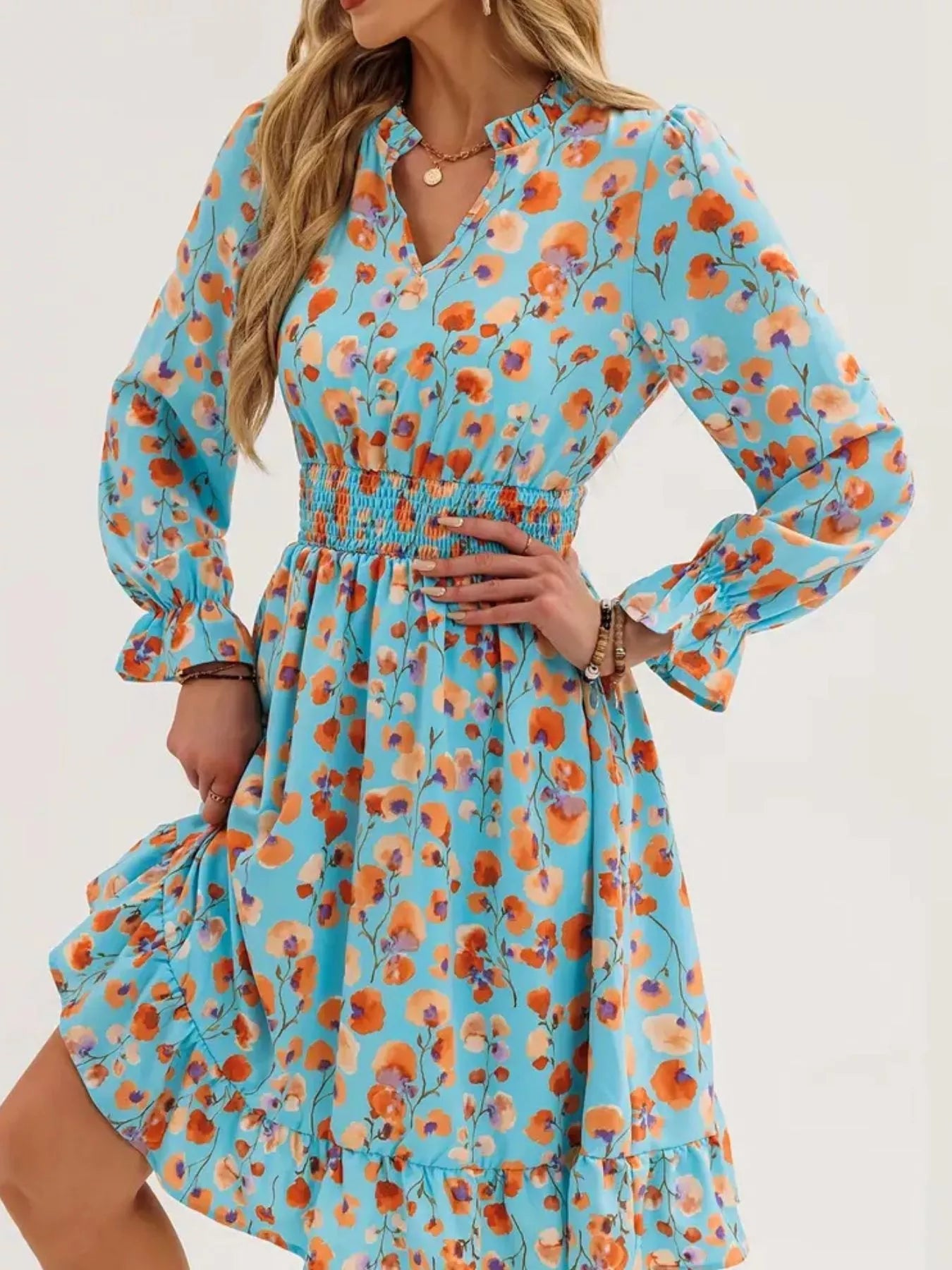 Floral Notched Flounce Sleeve Dress - MAD RUFFI