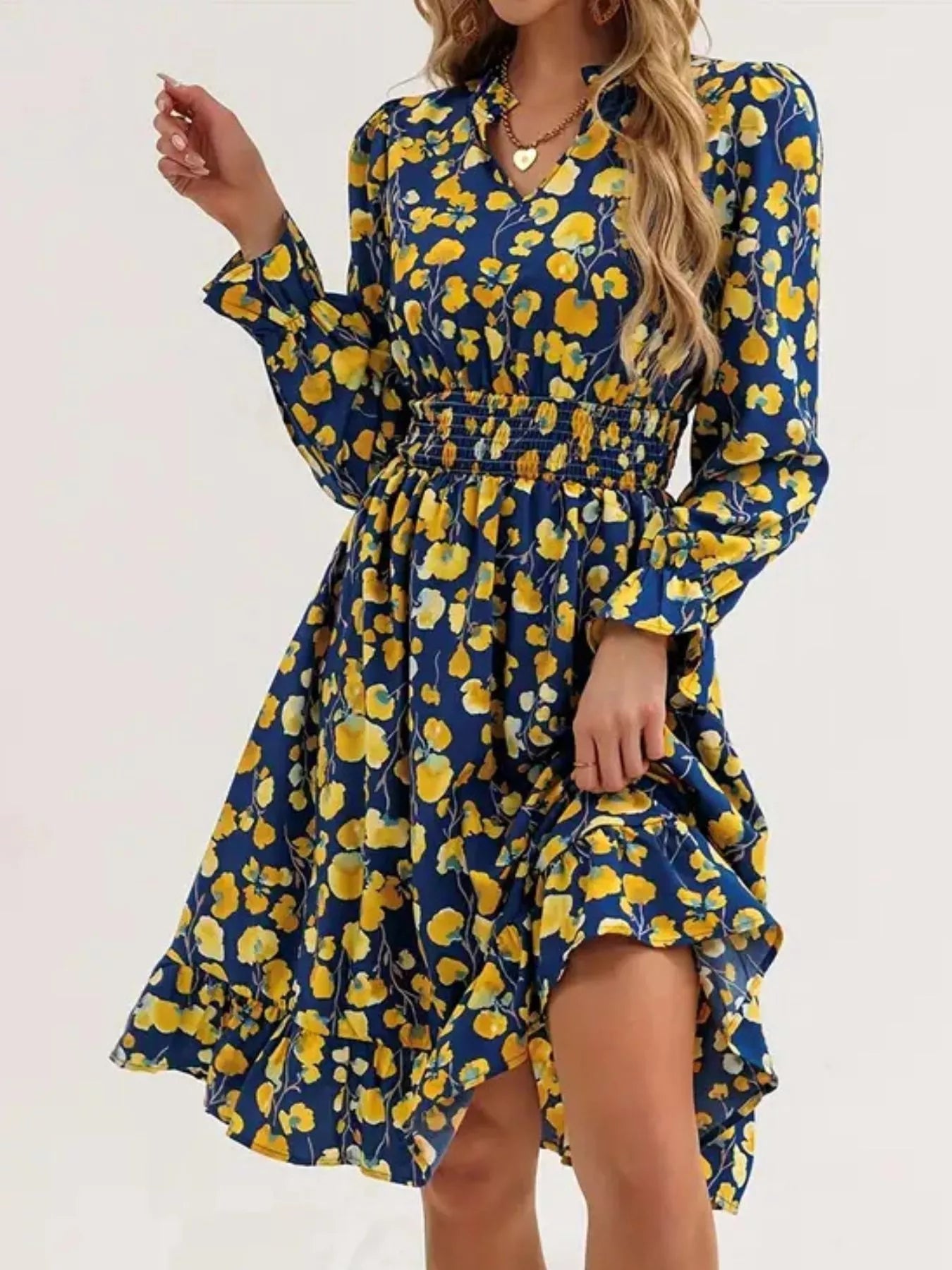 Floral Notched Flounce Sleeve Dress - MAD RUFFI