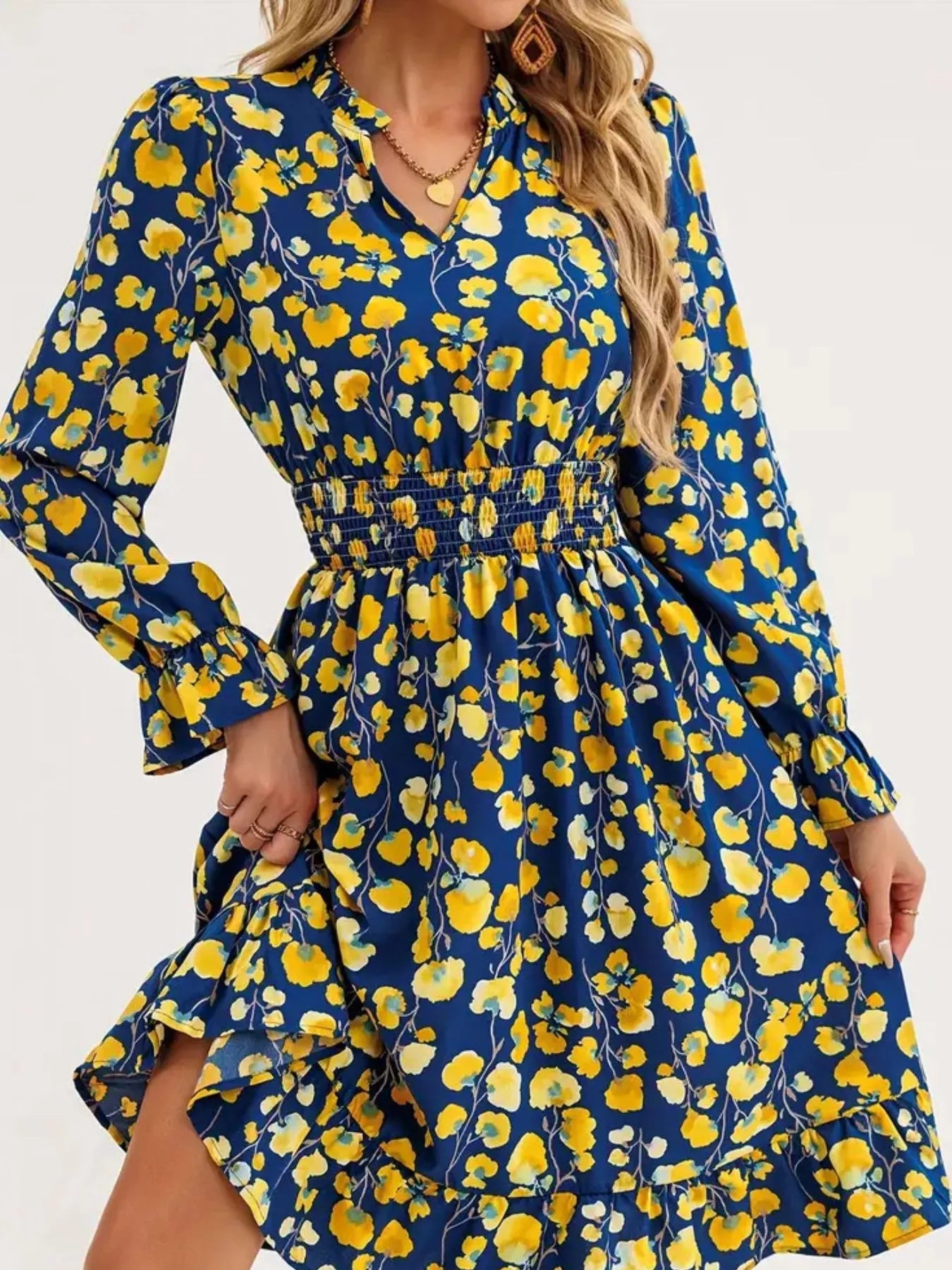 Floral Notched Flounce Sleeve Dress - MAD RUFFI