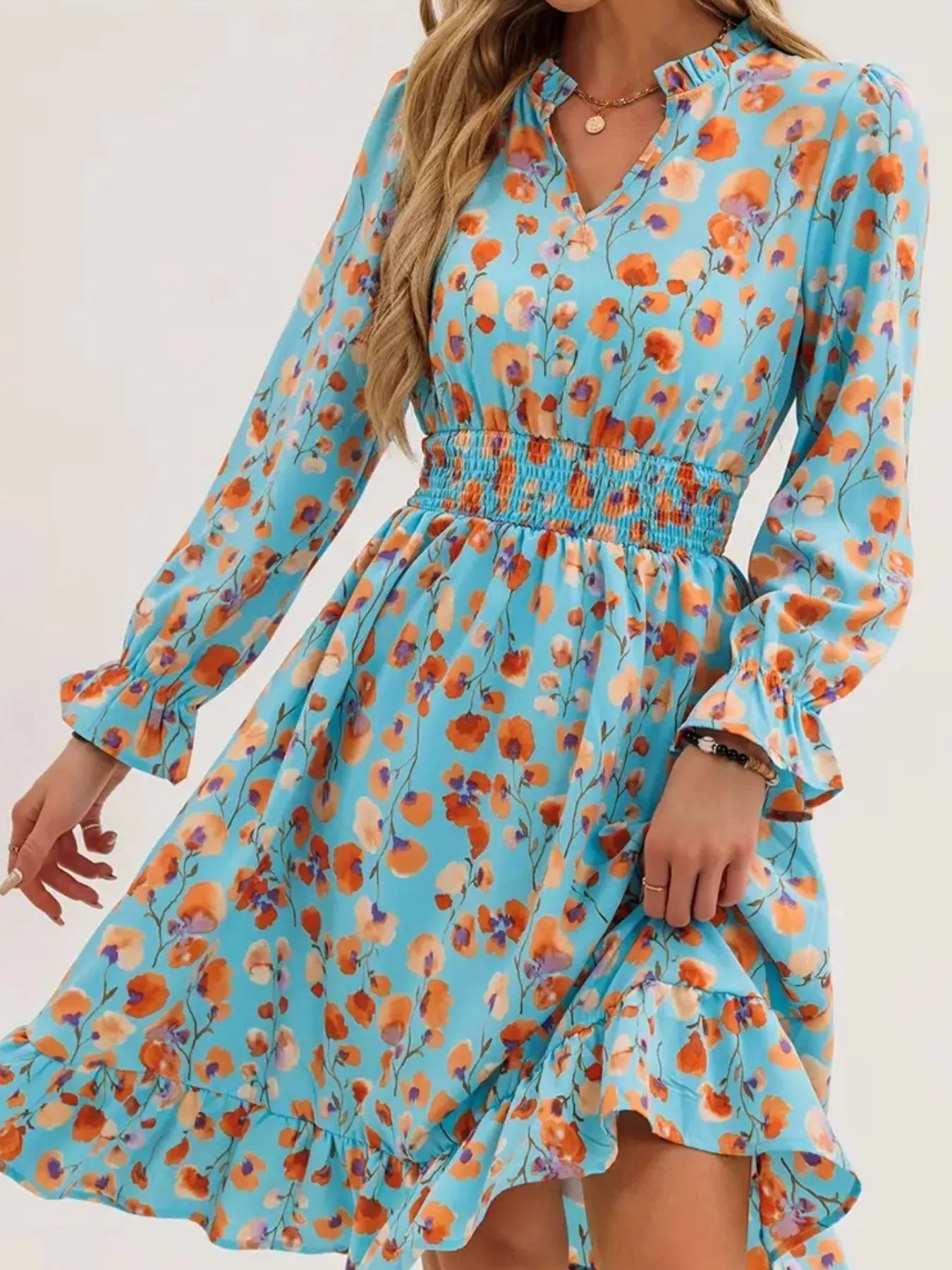 Floral Notched Flounce Sleeve Dress - MAD RUFFI