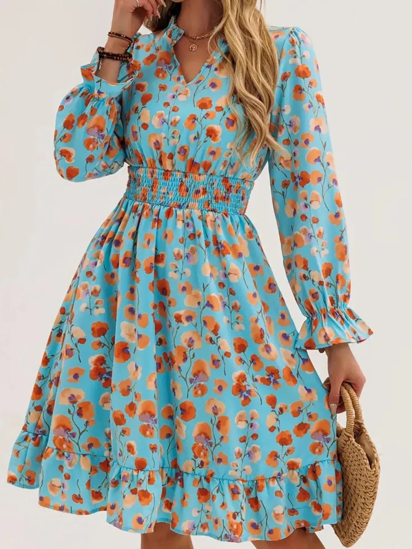 Floral Notched Flounce Sleeve Dress - MAD RUFFI