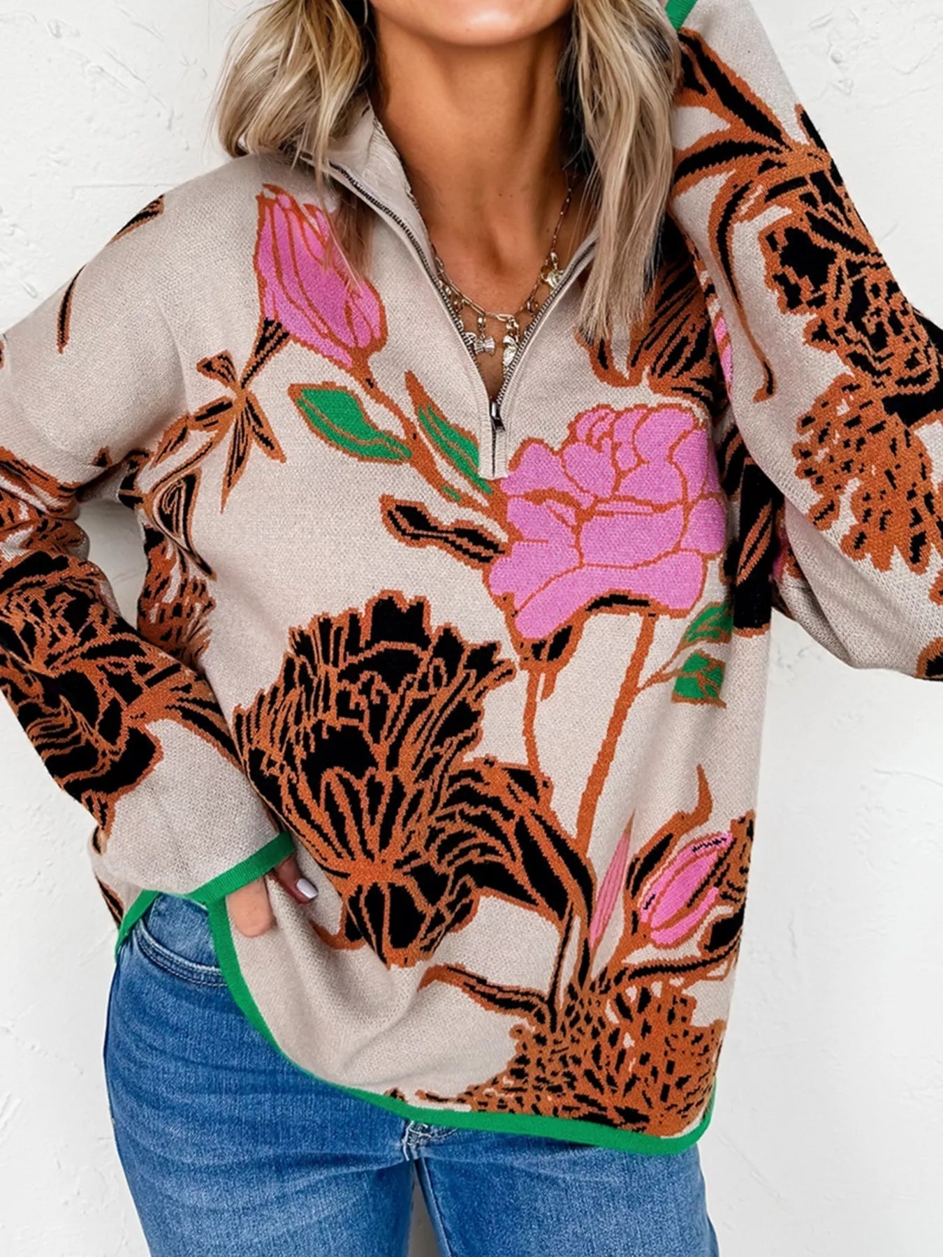 Floral Pattern Knit Quarter Zip Stand Neck Sweater - MAD RUFFI