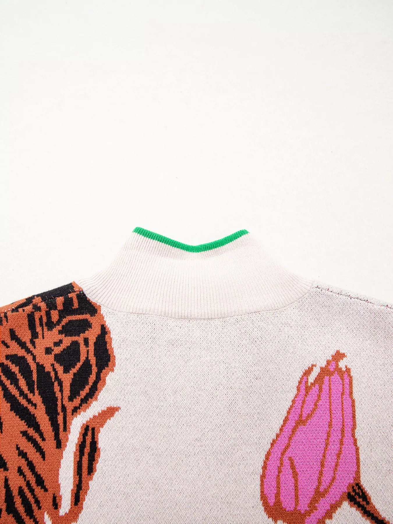 Floral Pattern Knit Quarter Zip Stand Neck Sweater - MAD RUFFI