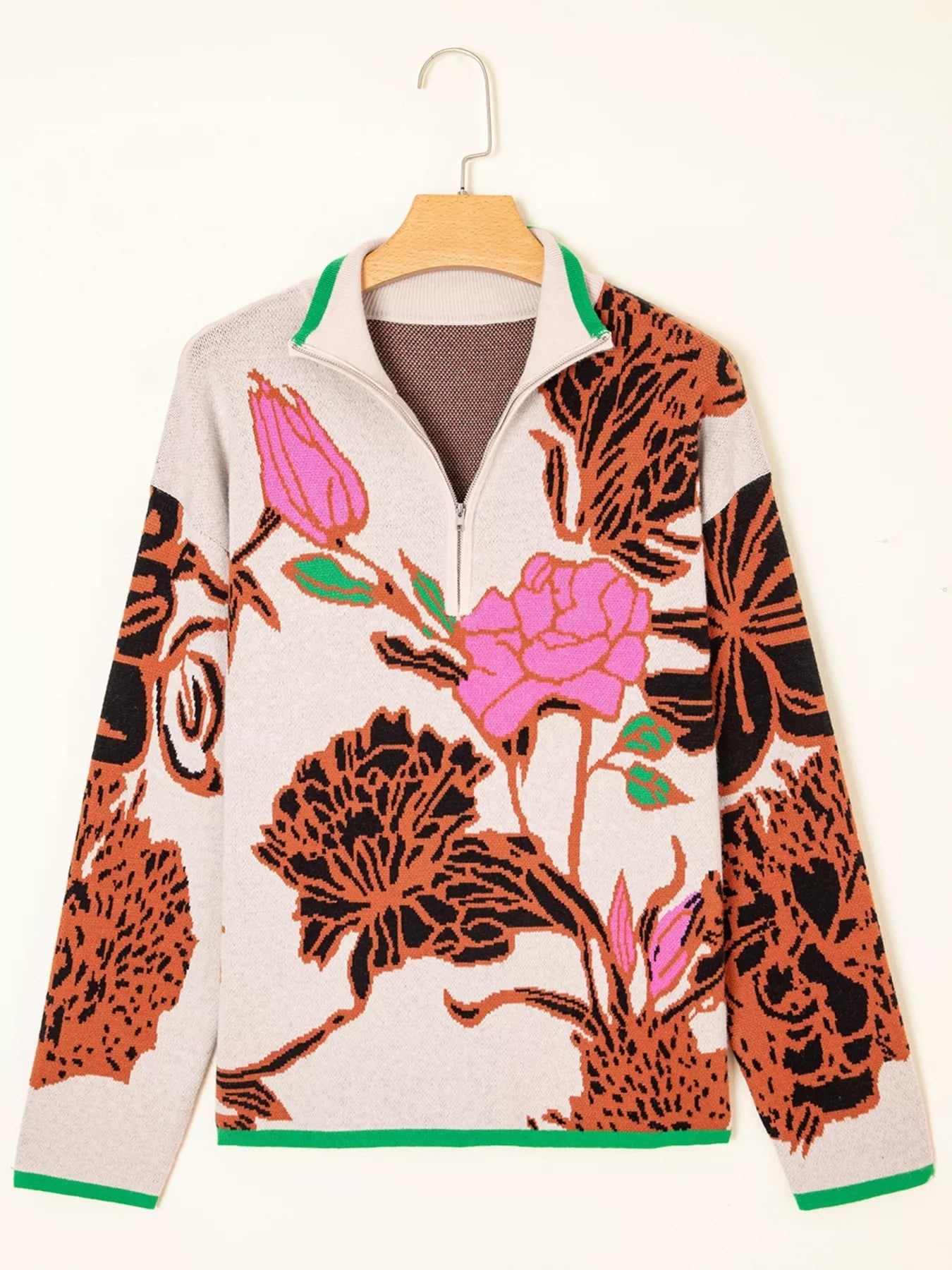 Floral Pattern Knit Quarter Zip Stand Neck Sweater - MAD RUFFI