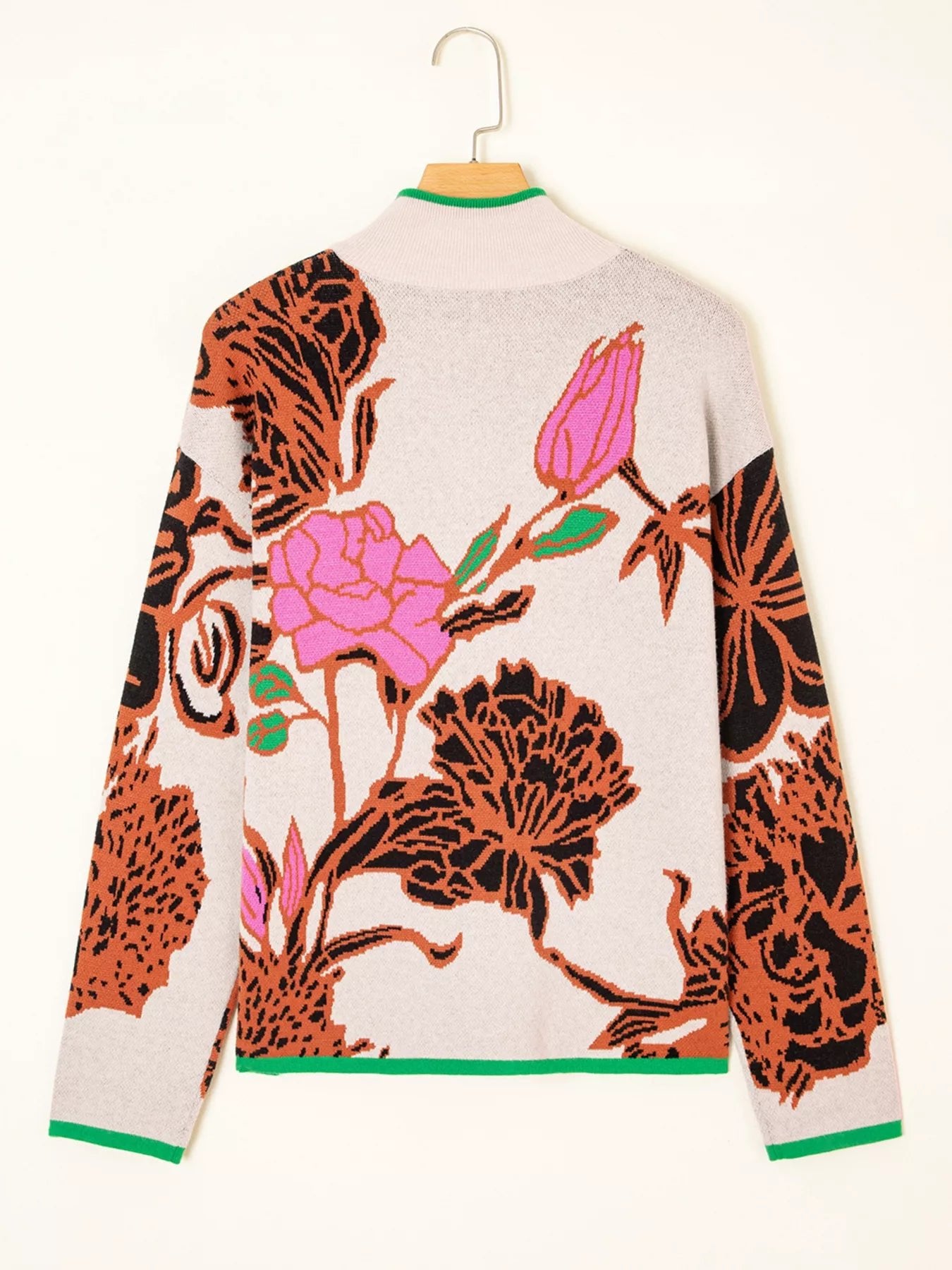Floral Pattern Knit Quarter Zip Stand Neck Sweater - MAD RUFFI