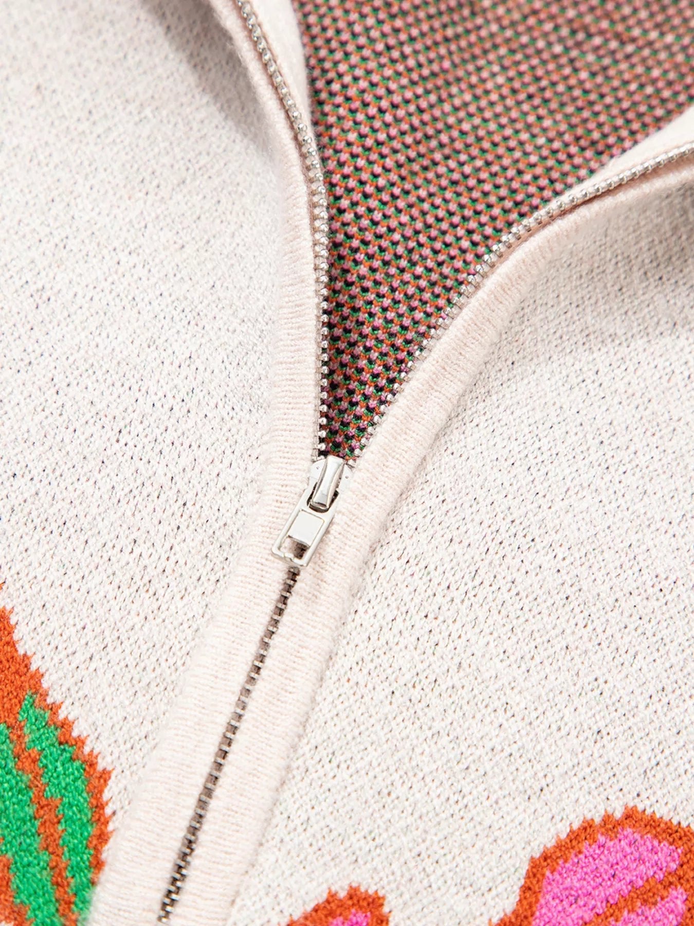 Floral Pattern Knit Quarter Zip Stand Neck Sweater - MAD RUFFI