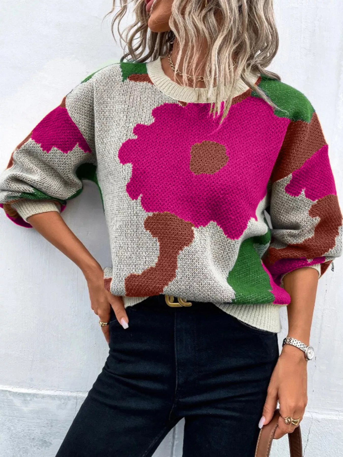 Floral Pattern Round Neck Sweater - MAD RUFFI