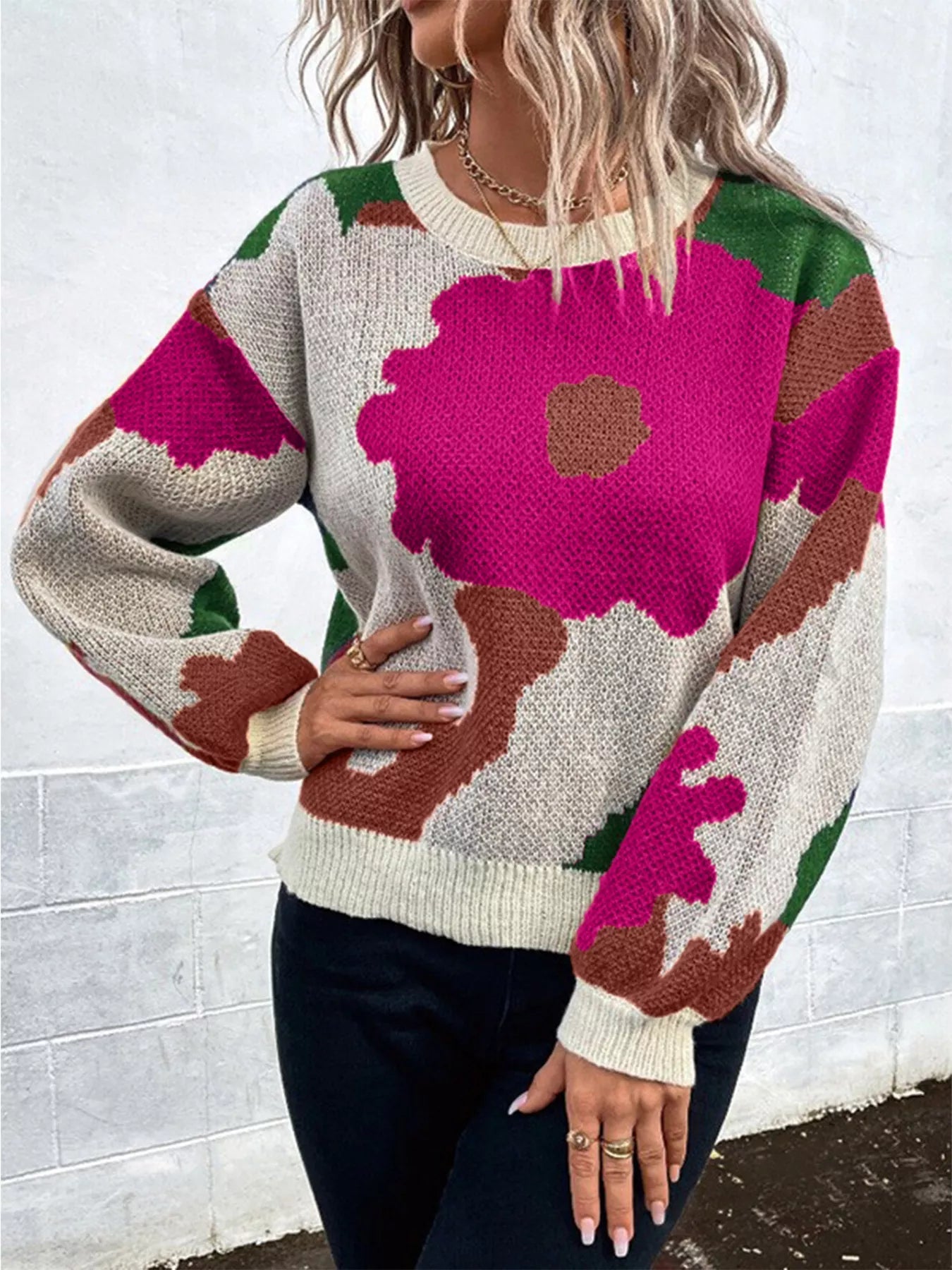 Floral Pattern Round Neck Sweater - MAD RUFFI