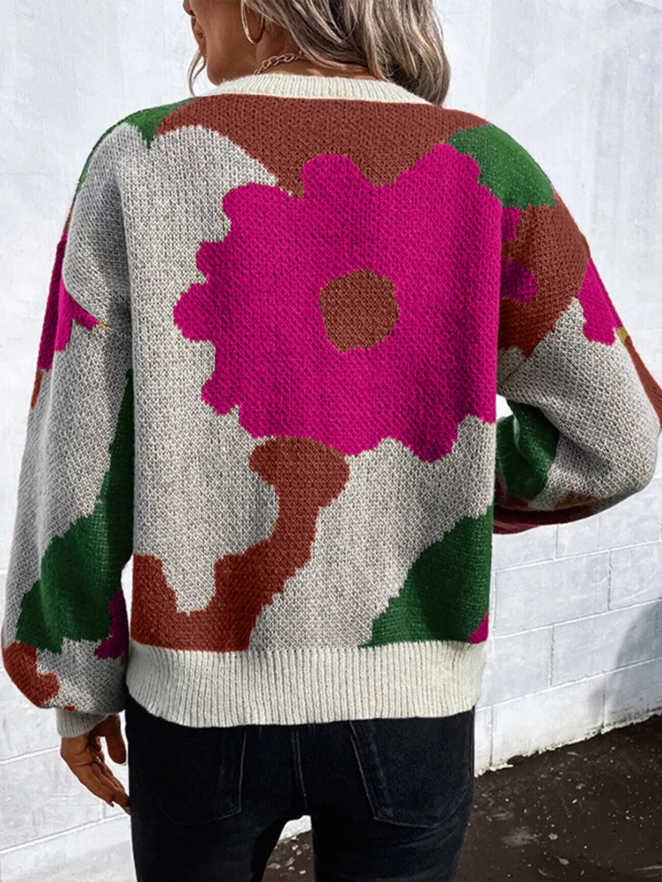 Floral Pattern Round Neck Sweater - MAD RUFFI