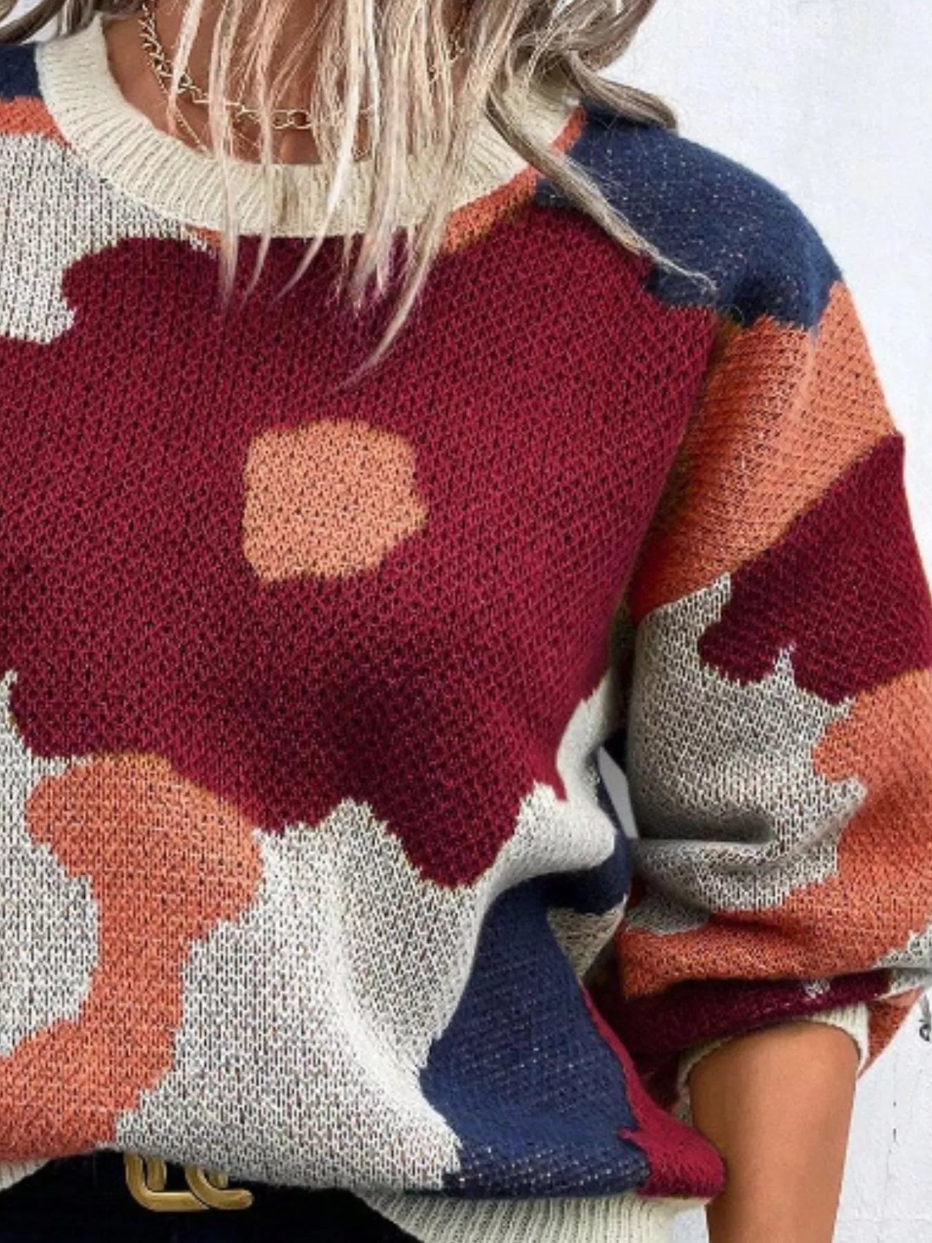 Floral Pattern Round Neck Sweater - MAD RUFFI