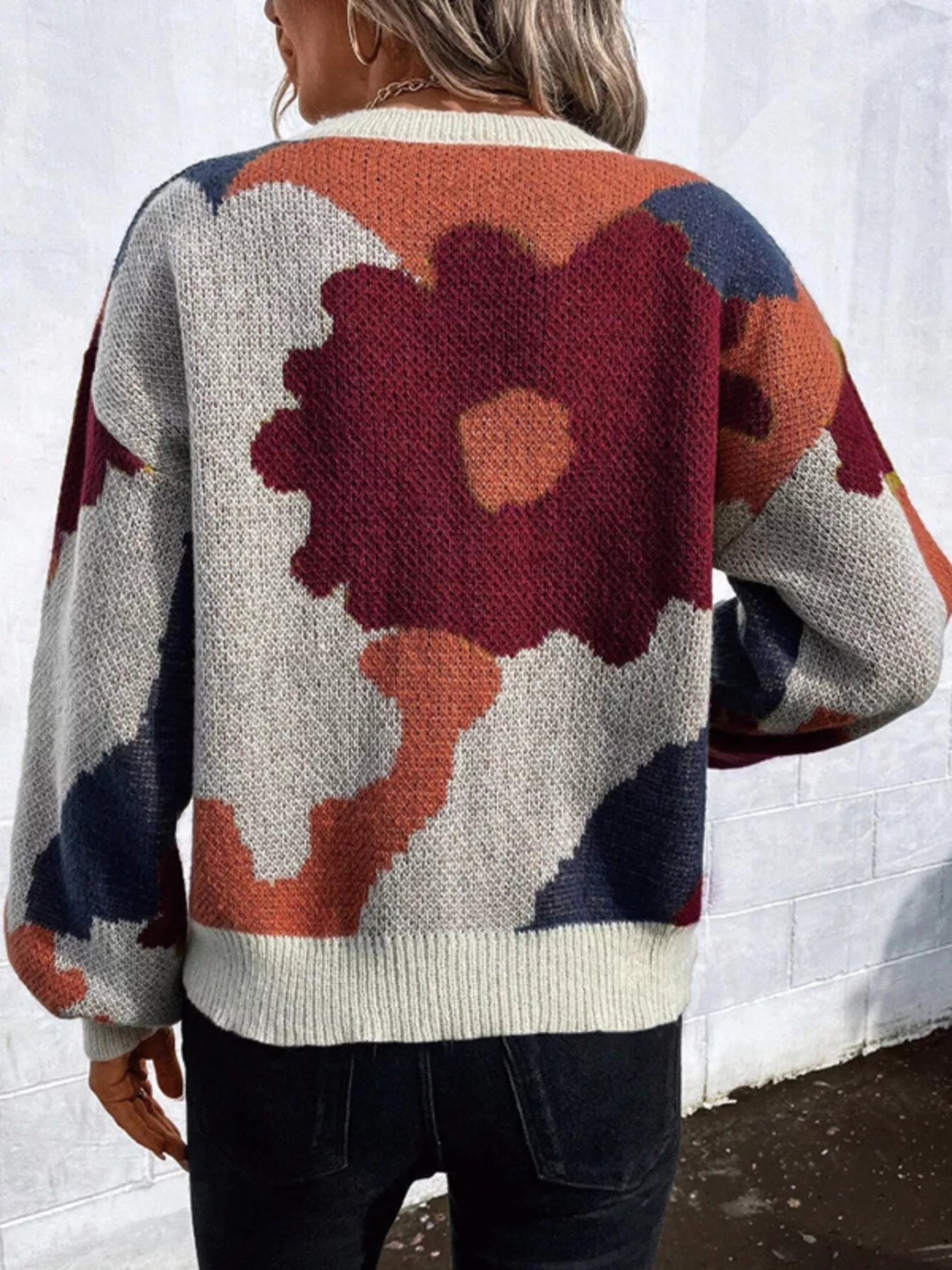 Floral Pattern Round Neck Sweater - MAD RUFFI