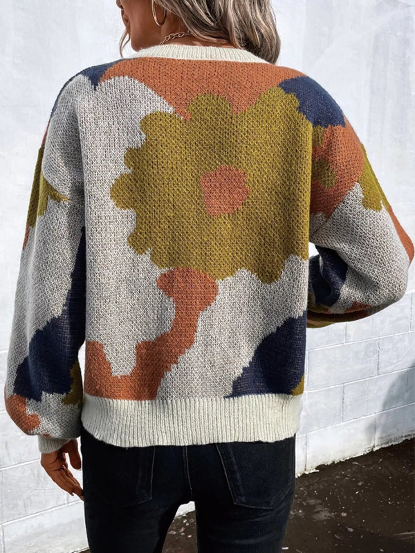 Floral Pattern Round Neck Sweater - MAD RUFFI