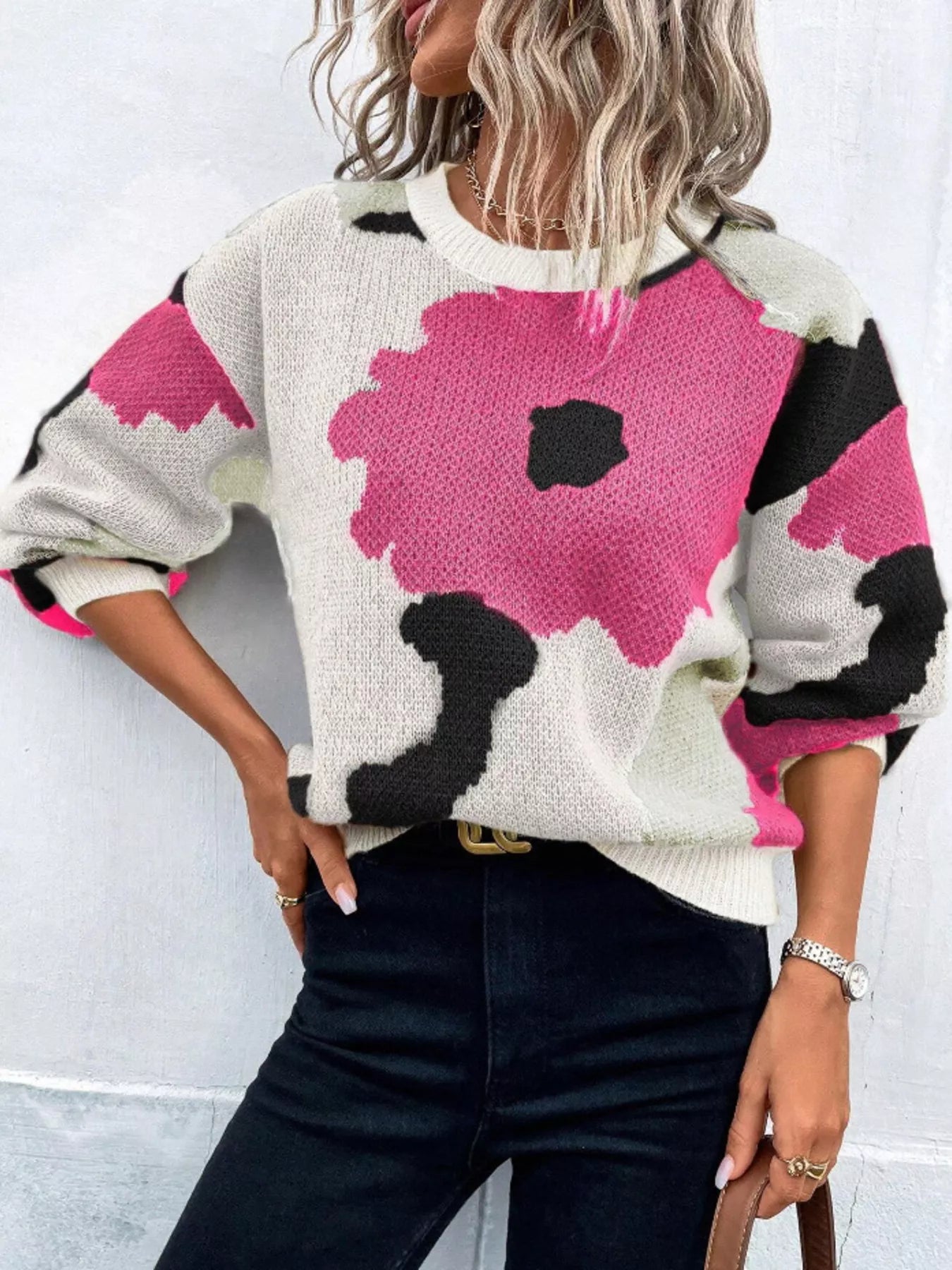 Floral Pattern Round Neck Sweater - MAD RUFFI