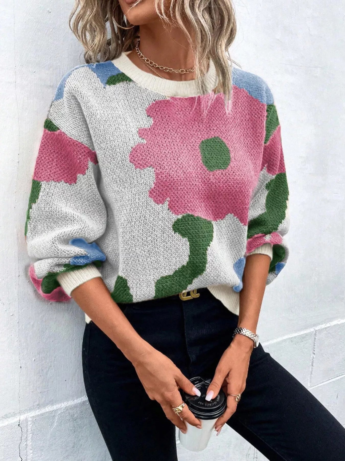 Floral Pattern Round Neck Sweater - MAD RUFFI
