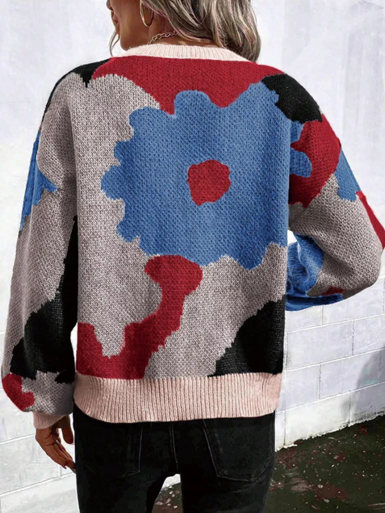 Floral Pattern Round Neck Sweater - MAD RUFFI