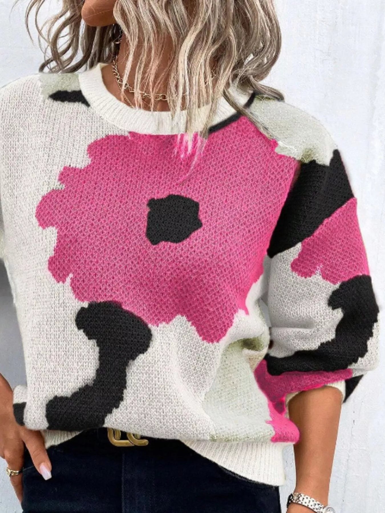 Floral Pattern Round Neck Sweater - MAD RUFFI