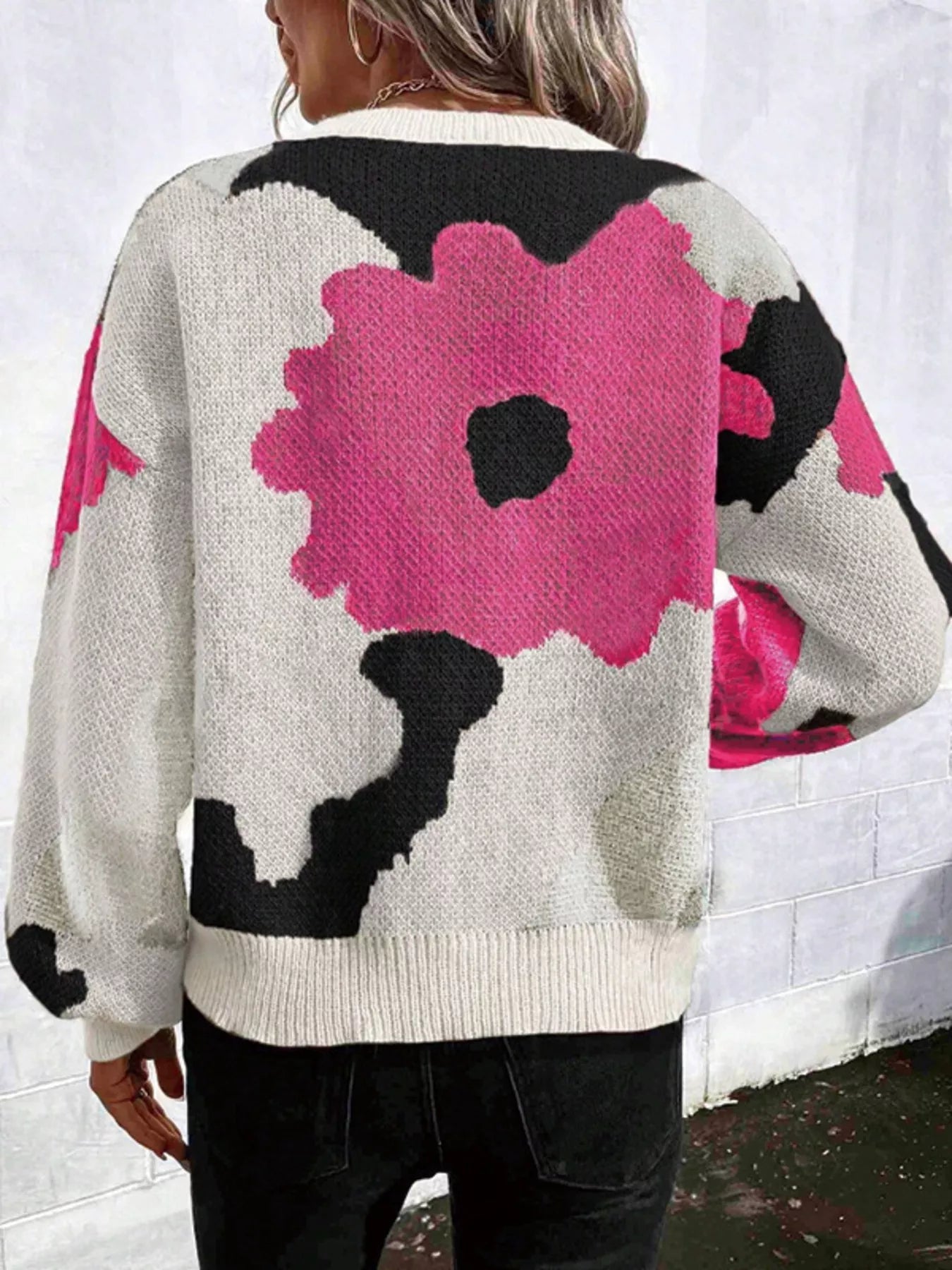 Floral Pattern Round Neck Sweater - MAD RUFFI