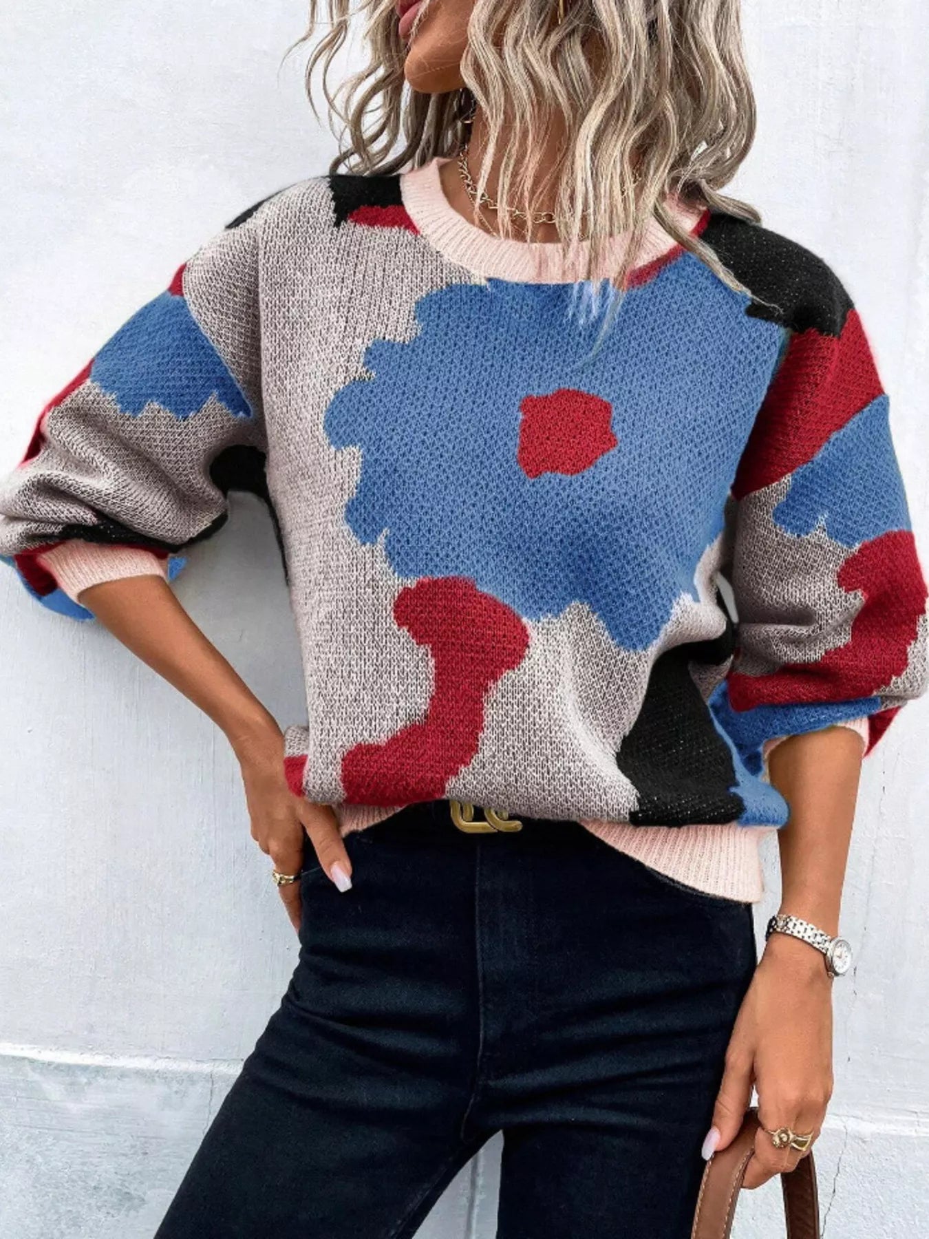 Floral Pattern Round Neck Sweater - MAD RUFFI